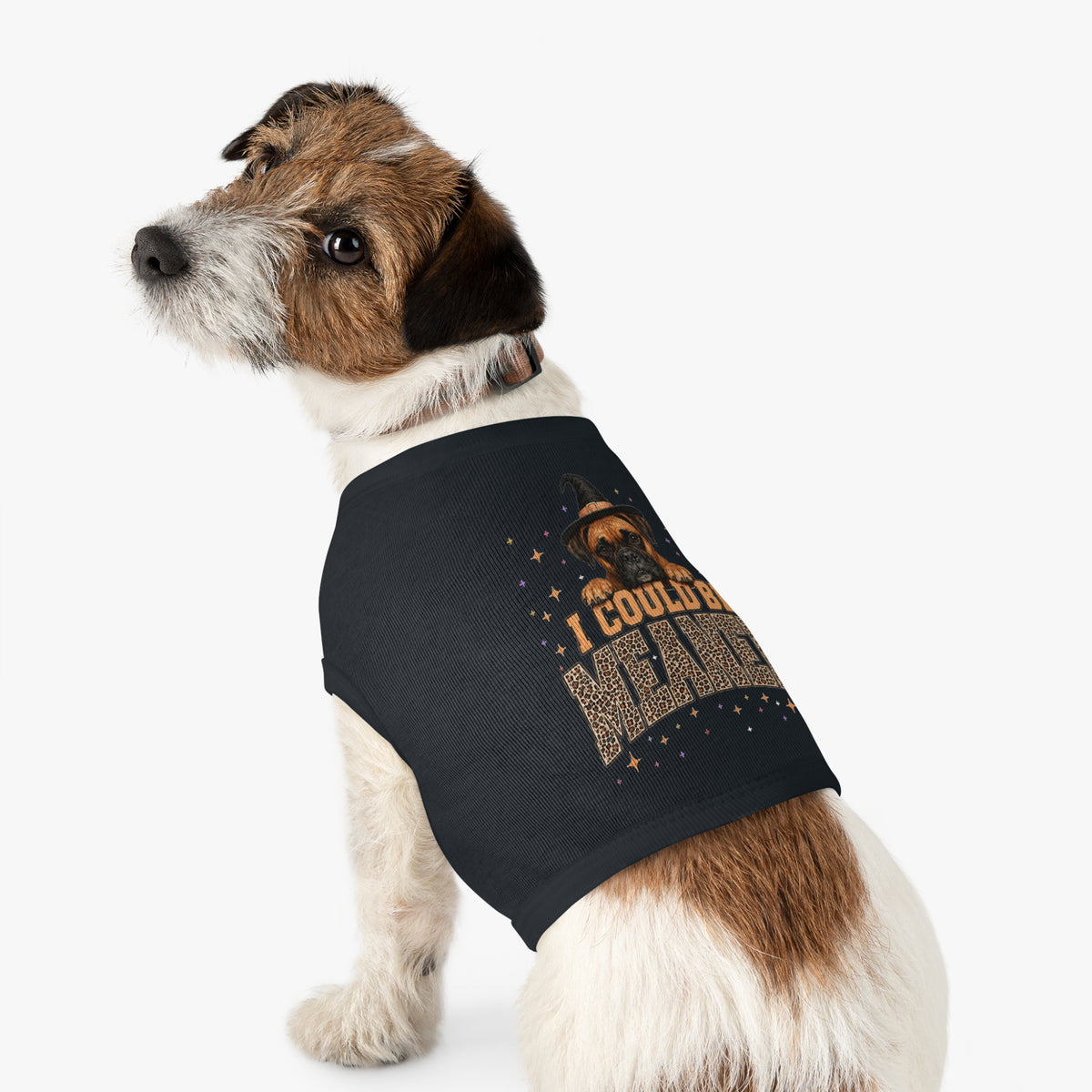 Halloween Dog Tank Top — “I Could Be Mean” Witch Hat & Leopard Print