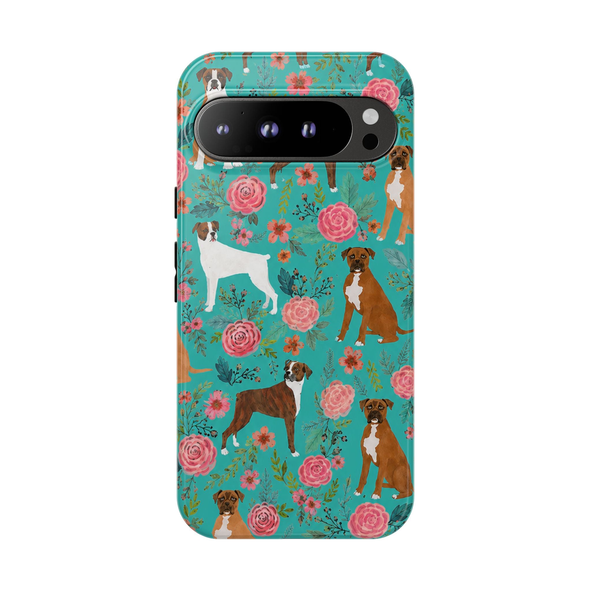 Boxer Dog Floral Phone Case — Teal Patterned Tough Cases