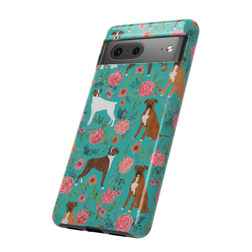 Boxer Dog Floral Phone Case — Teal Patterned Tough Cases