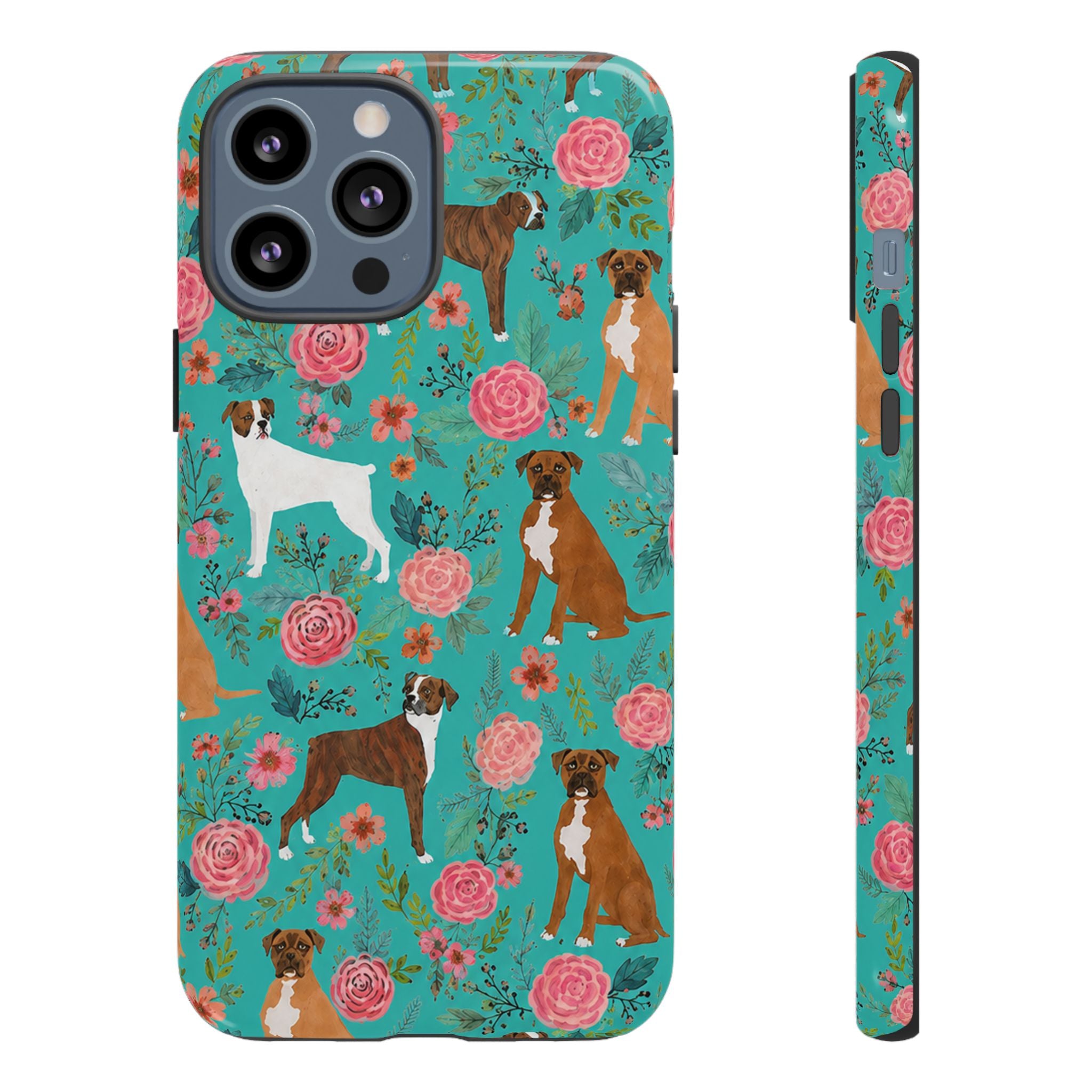 Boxer Dog Floral Phone Case — Teal Patterned Tough Cases