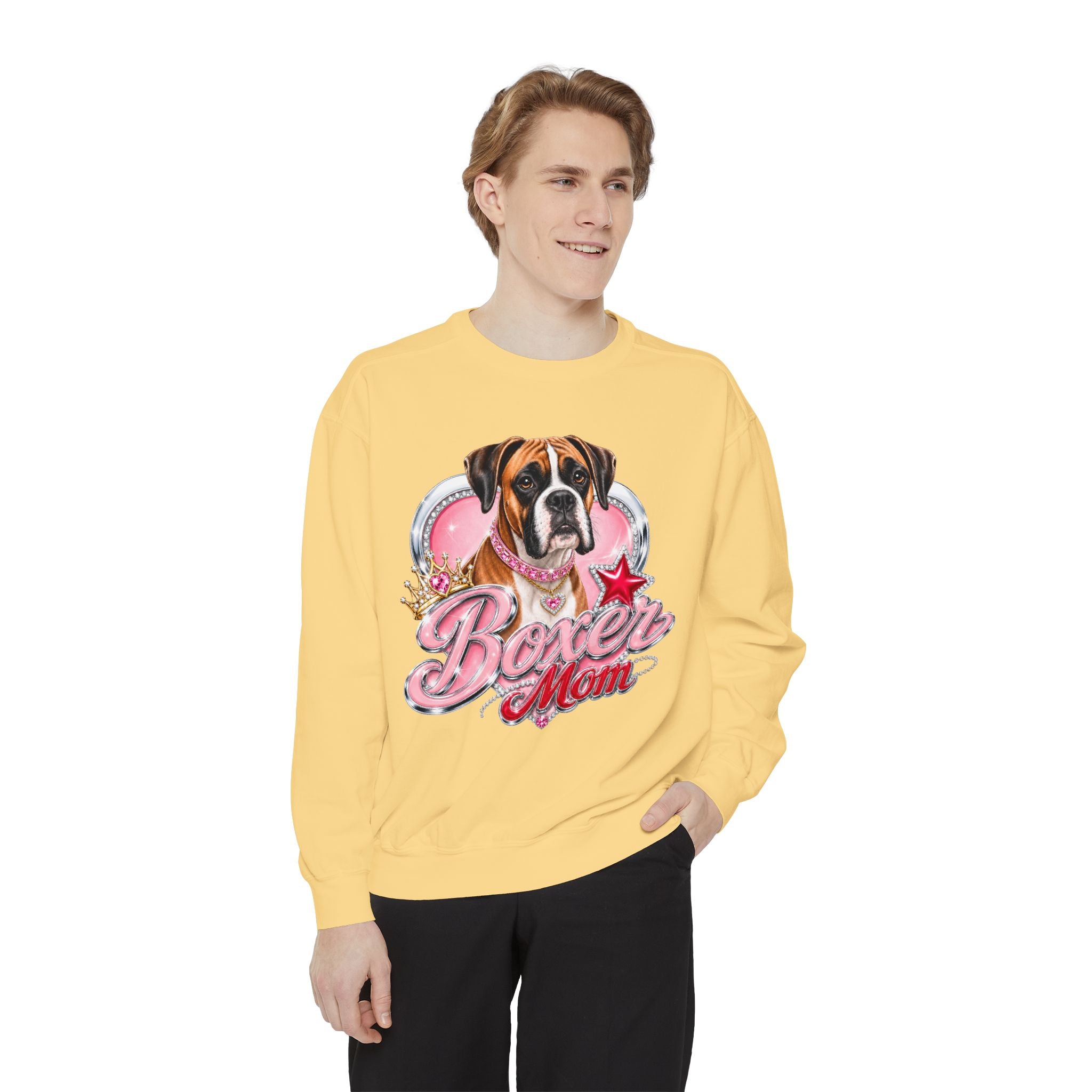 Boxer Mom Sweatshirt — Cute Pink Dog Graphic Crewneck