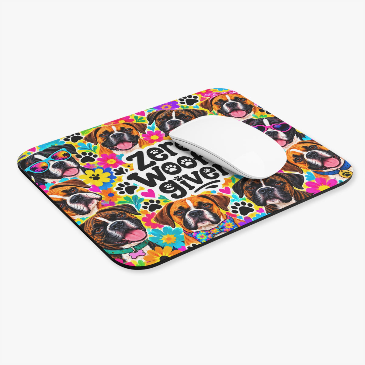 Zero Woofs Given Boxer Dog Mouse Pad — Colorful Floral Desk Mat for Dog Lovers