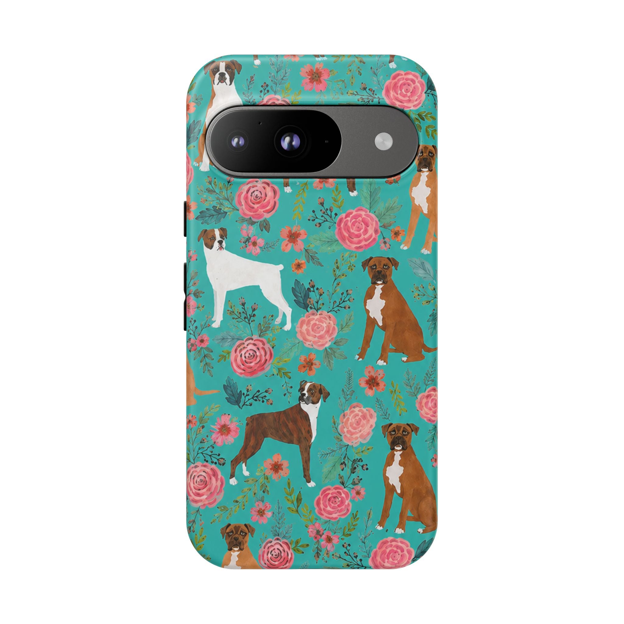 Boxer Dog Floral Phone Case — Teal Patterned Tough Cases