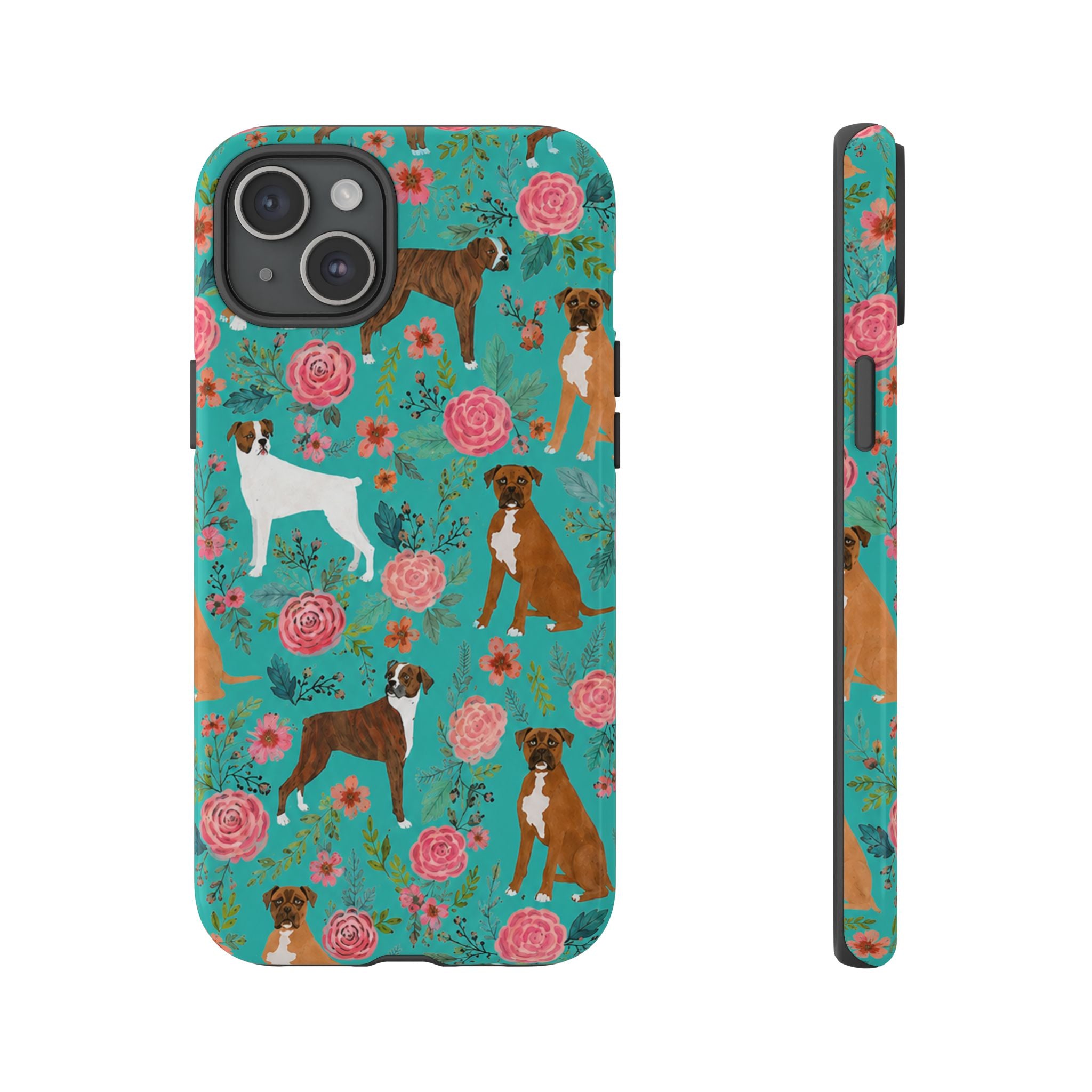 Boxer Dog Floral Phone Case — Teal Patterned Tough Cases