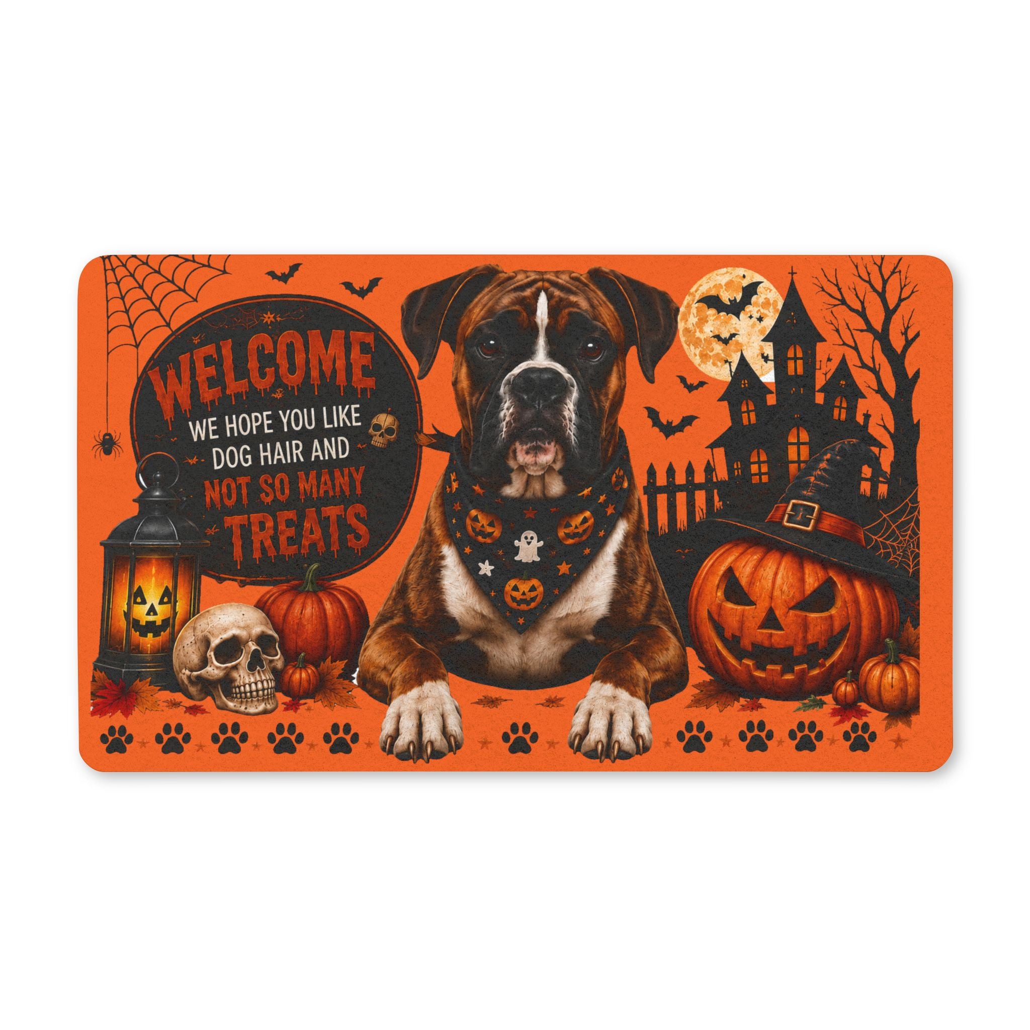 Halloween Boxer Dog Welcome Doormat — "Welcome: We Hope You Like Dog Hair and Not So Many Treats"