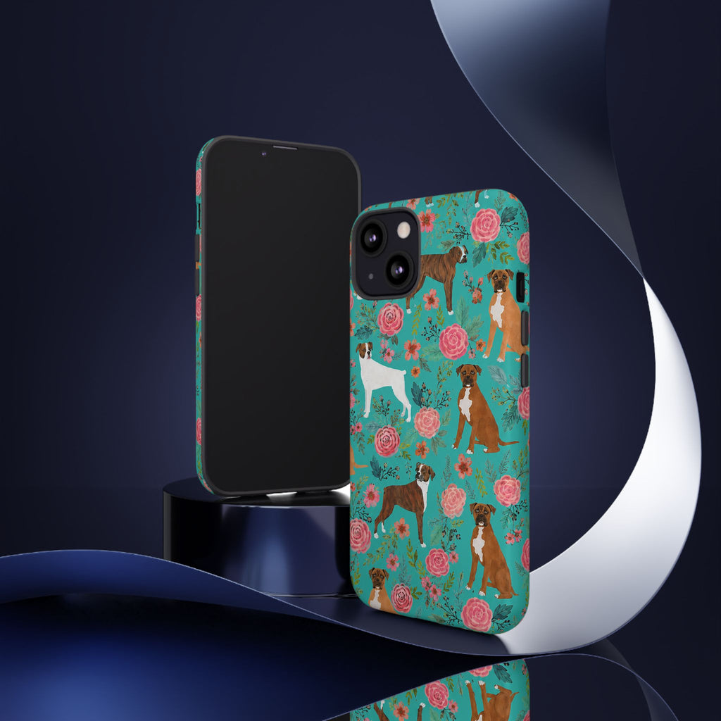Boxer Dog Floral Phone Case — Teal Patterned Tough Cases