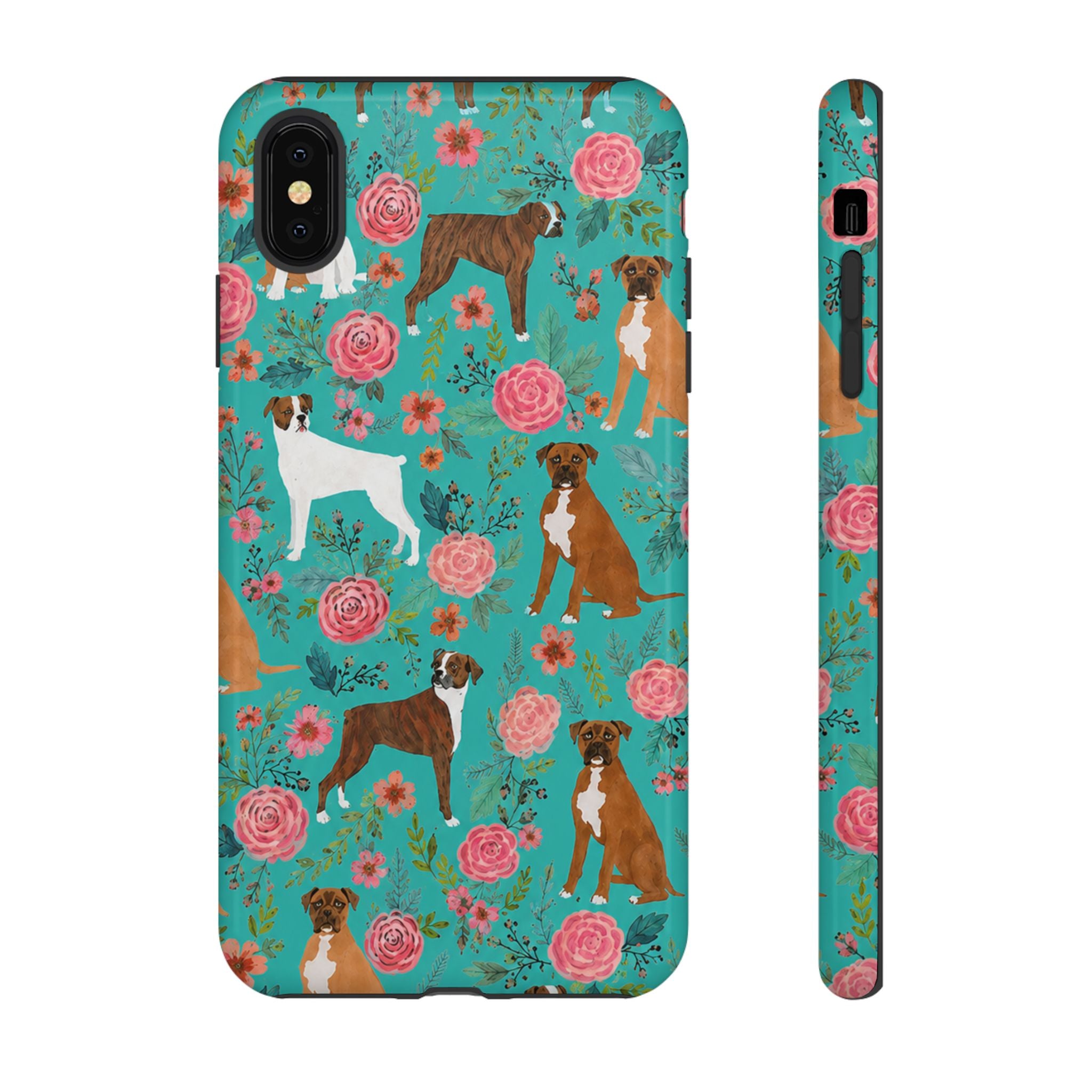 Boxer Dog Floral Phone Case — Teal Patterned Tough Cases