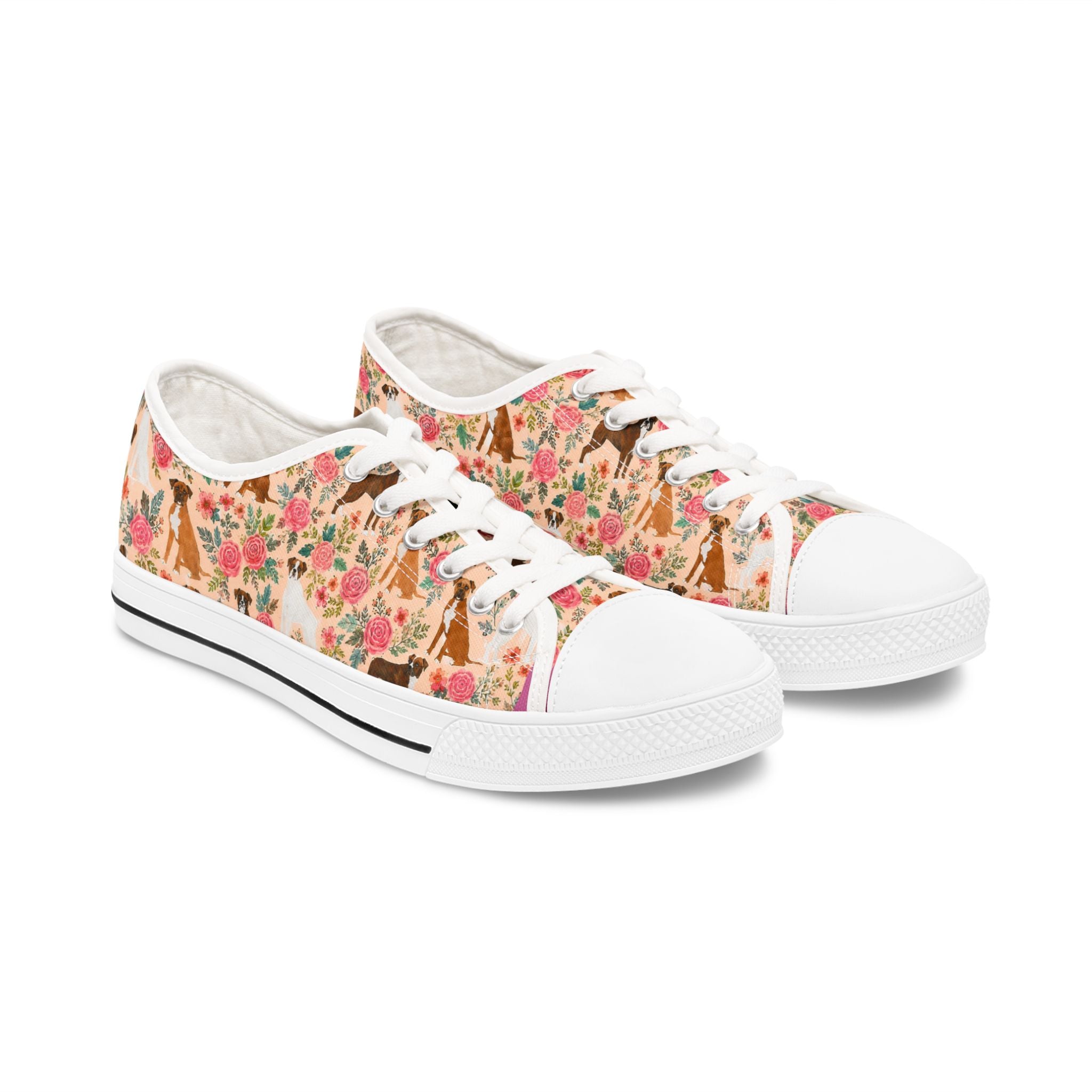 Floral Boxer Dog Pattern Sneakers Women's Low Top Sneakers | Pink Rose Animal Print
