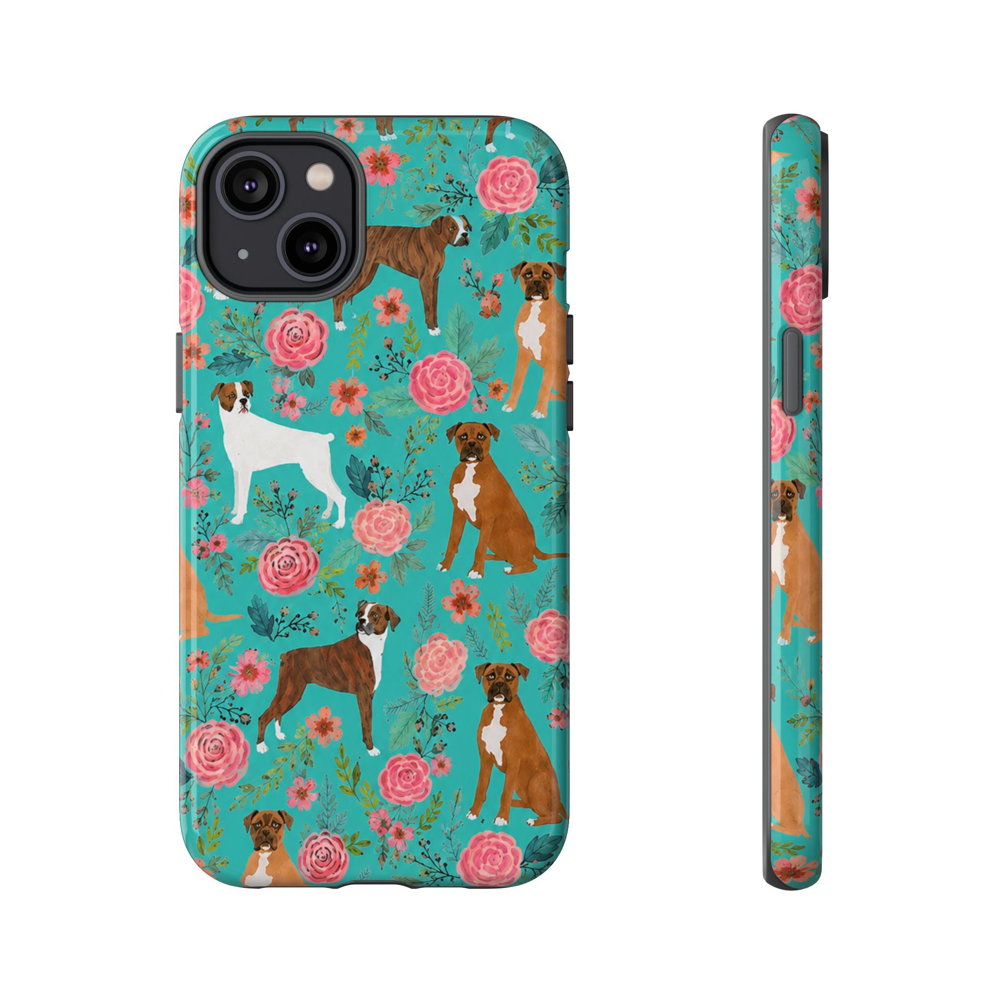 Boxer Dog Floral Phone Case — Teal Patterned Tough Cases