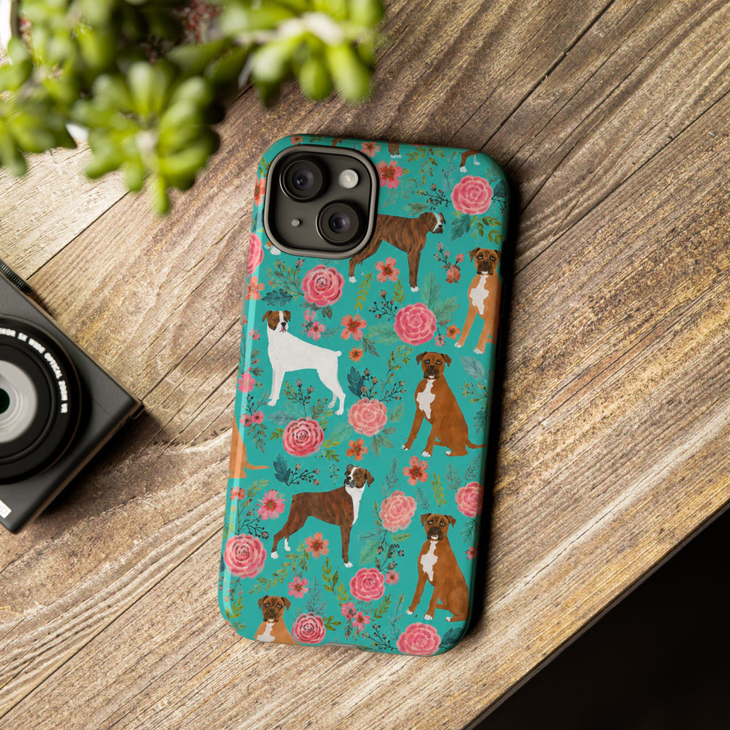Boxer Dog Floral Phone Case — Teal Patterned Tough Cases