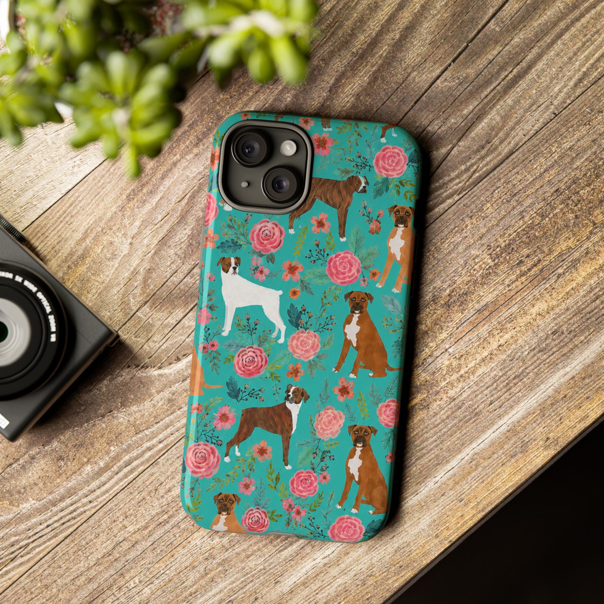 Boxer Dog Floral Phone Case — Teal Patterned Tough Cases