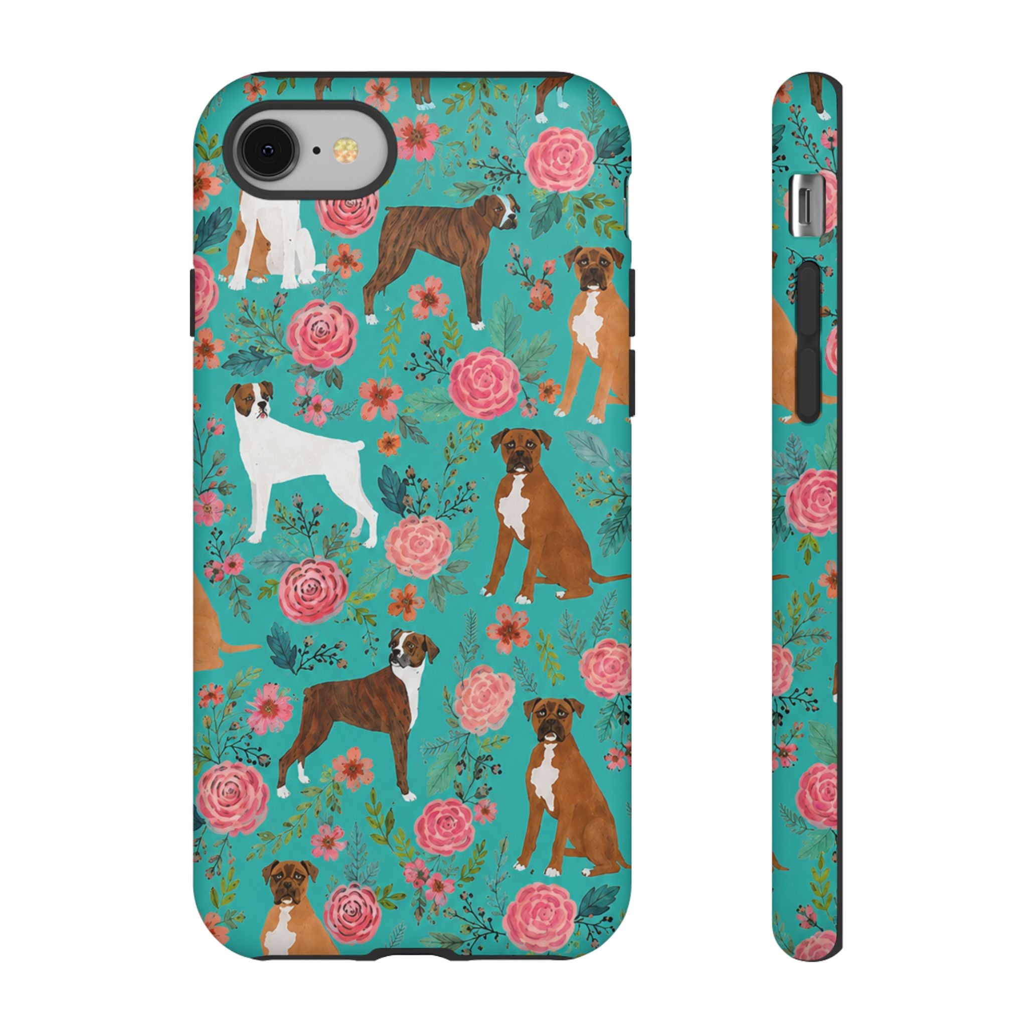 Boxer Dog Floral Phone Case — Teal Patterned Tough Cases