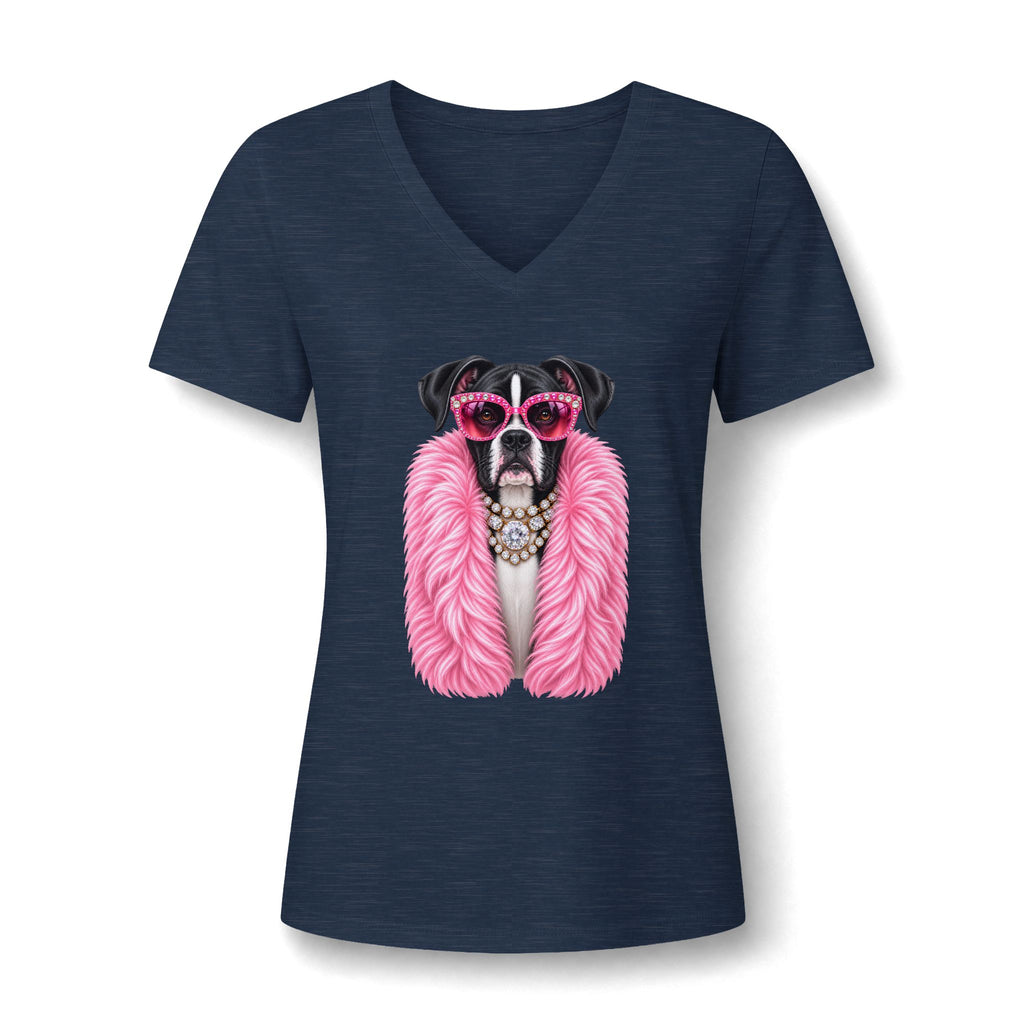 Women's V-Neck Tee — Glam Boxer Dog Graphic (Pink Fur & Sunglasses)
