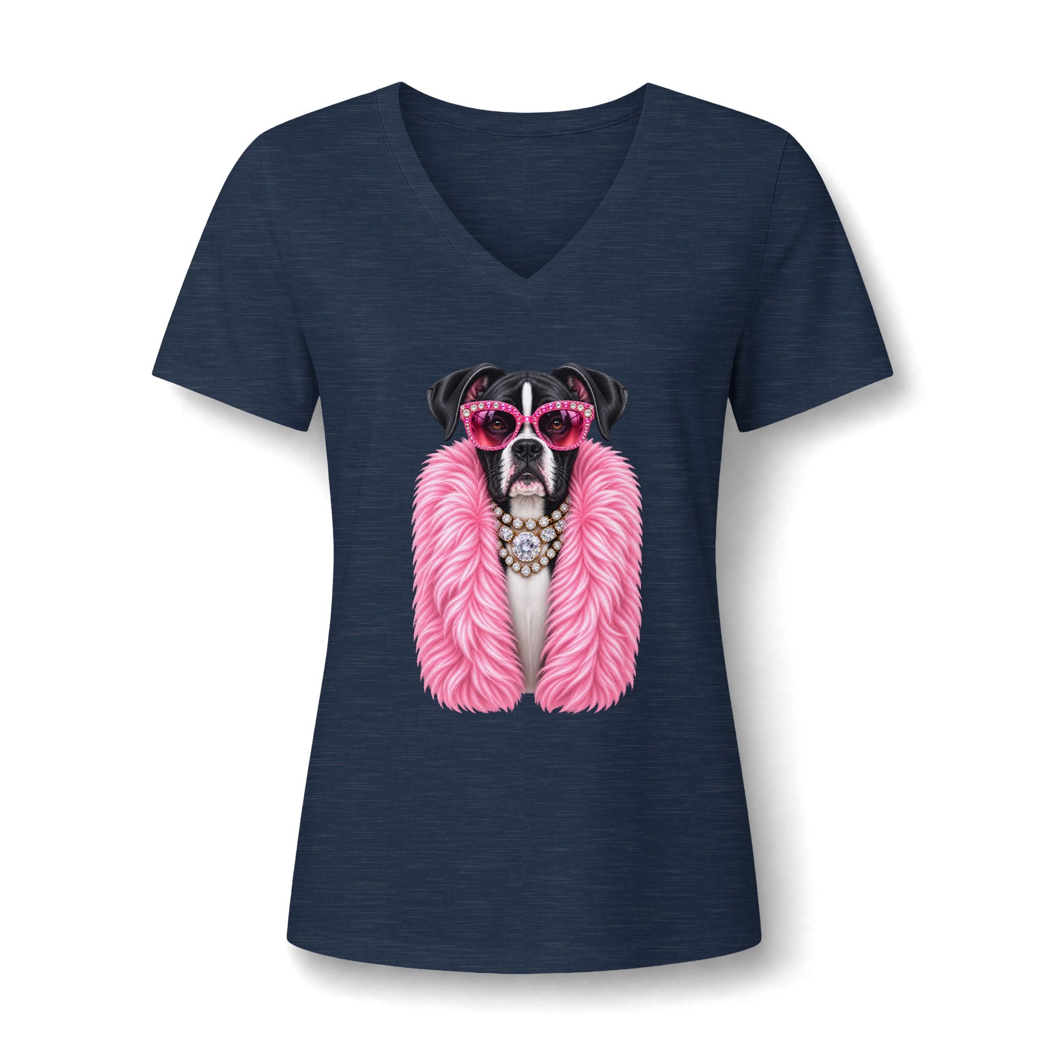 Women's V-Neck Tee — Glam Boxer Dog Graphic (Pink Fur & Sunglasses)