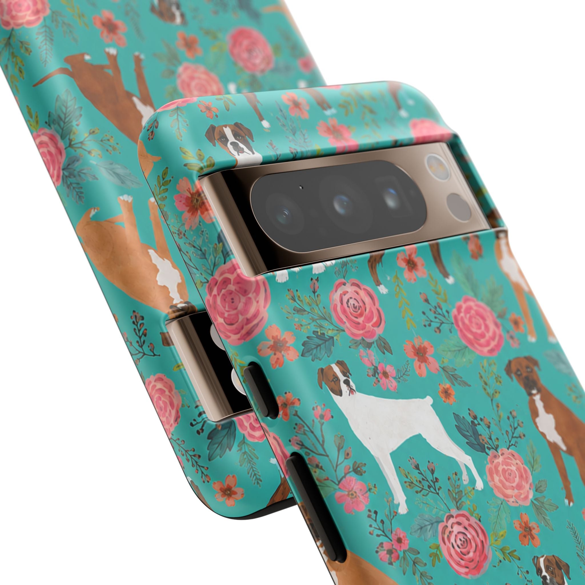 Boxer Dog Floral Phone Case — Teal Patterned Tough Cases