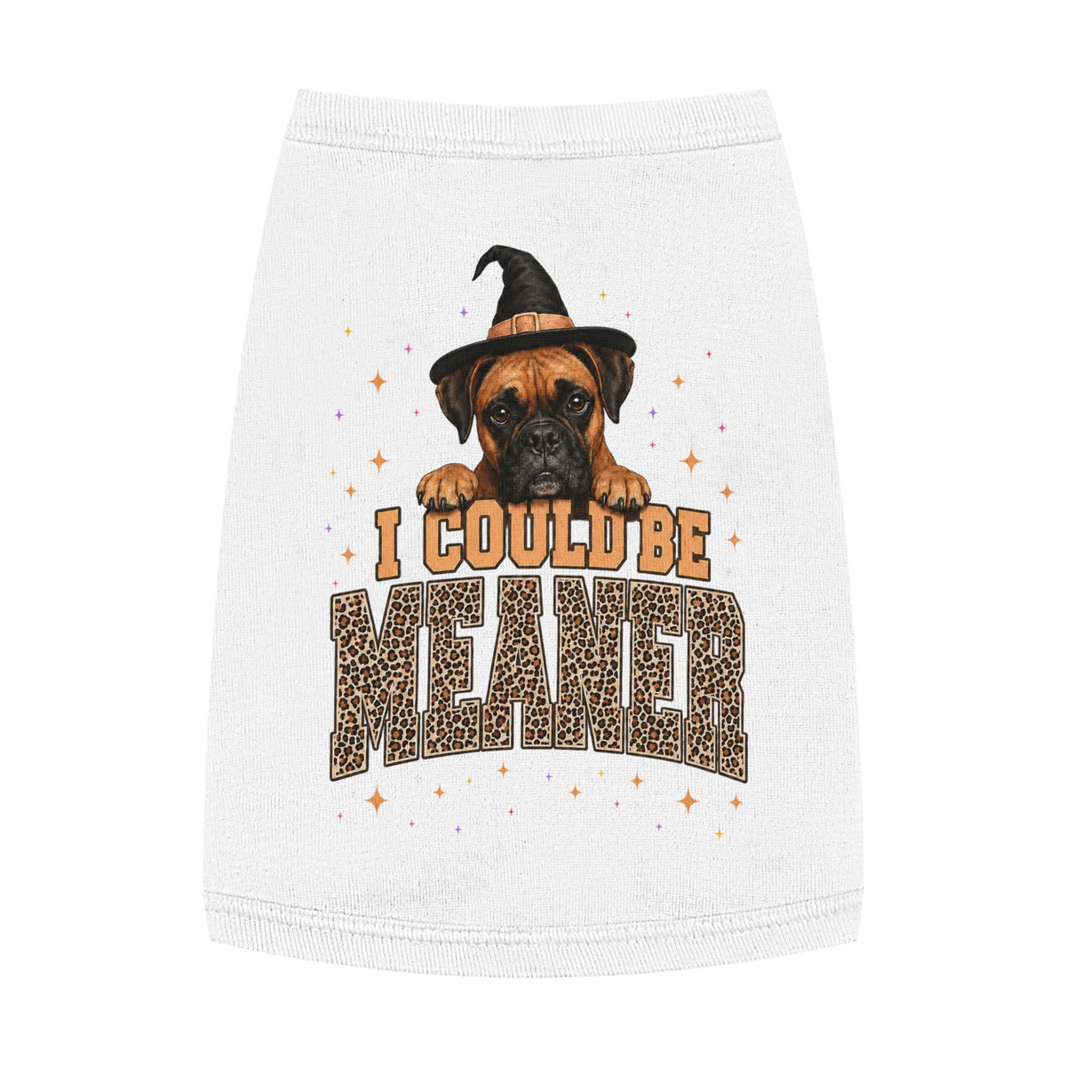 Halloween Dog Tank Top — “I Could Be Mean” Witch Hat & Leopard Print