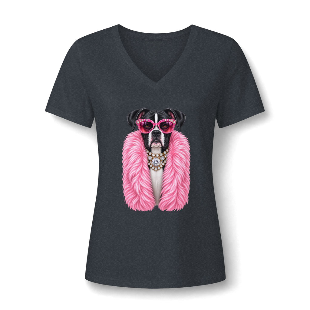 Women's V-Neck Tee — Glam Boxer Dog Graphic (Pink Fur & Sunglasses)