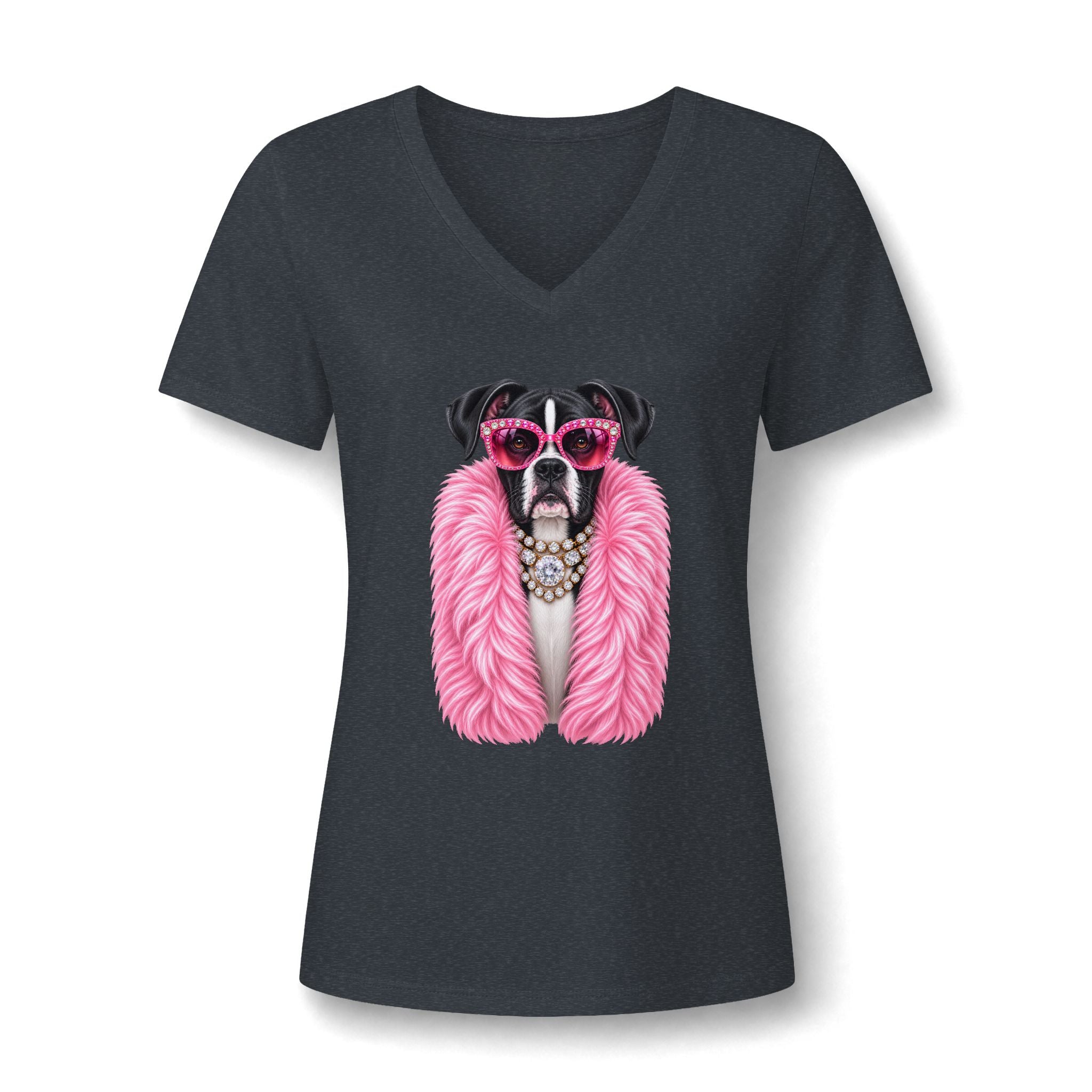 Women's V-Neck Tee — Glam Boxer Dog Graphic (Pink Fur & Sunglasses)