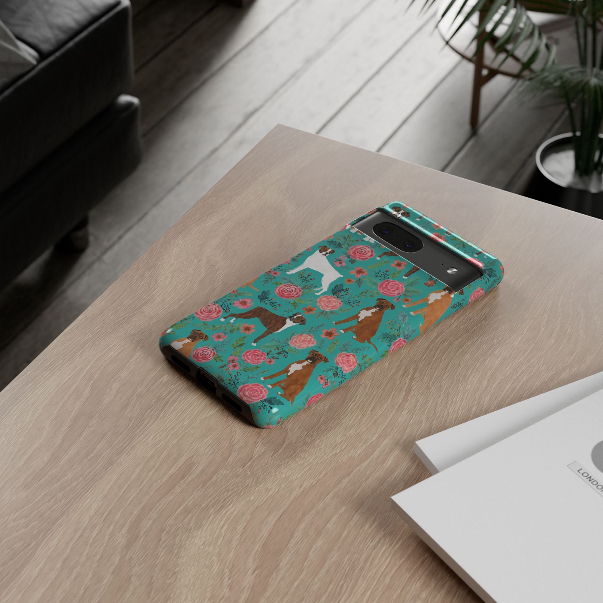 Boxer Dog Floral Phone Case — Teal Patterned Tough Cases