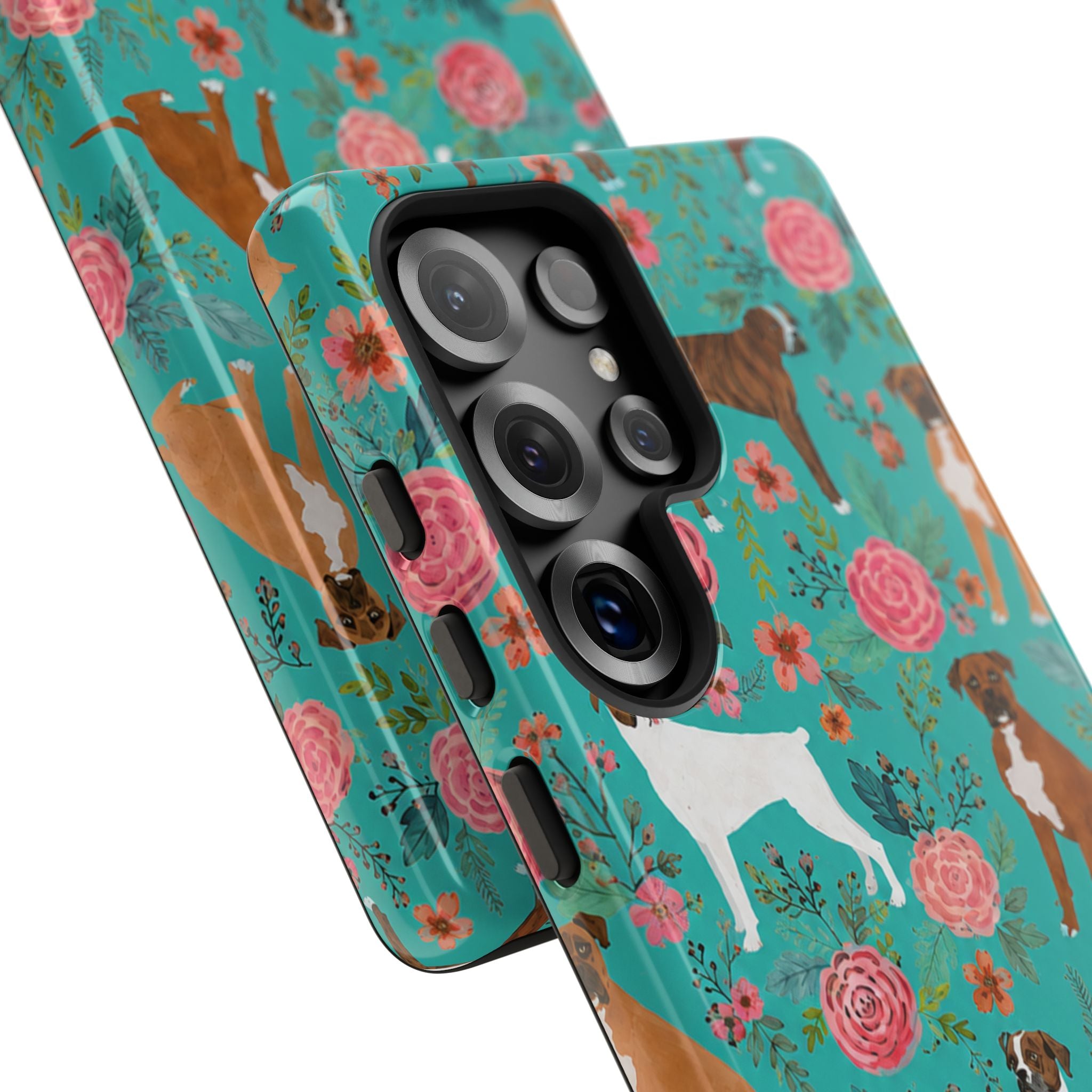 Boxer Dog Floral Phone Case — Teal Patterned Tough Cases