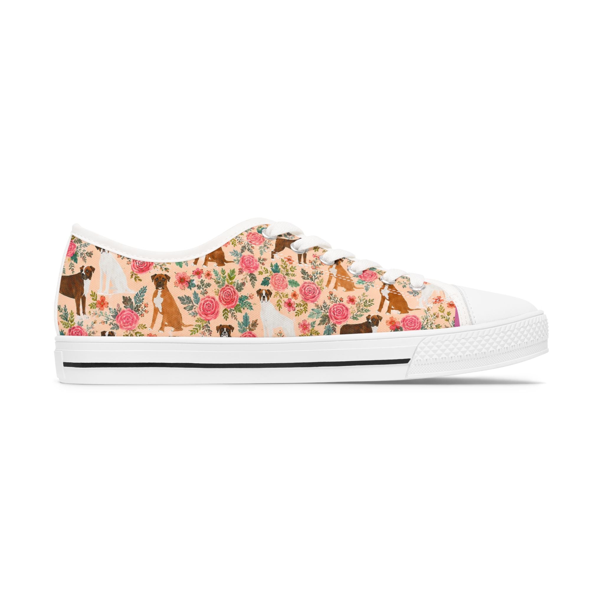 Floral Boxer Dog Pattern Sneakers Women's Low Top Sneakers | Pink Rose Animal Print