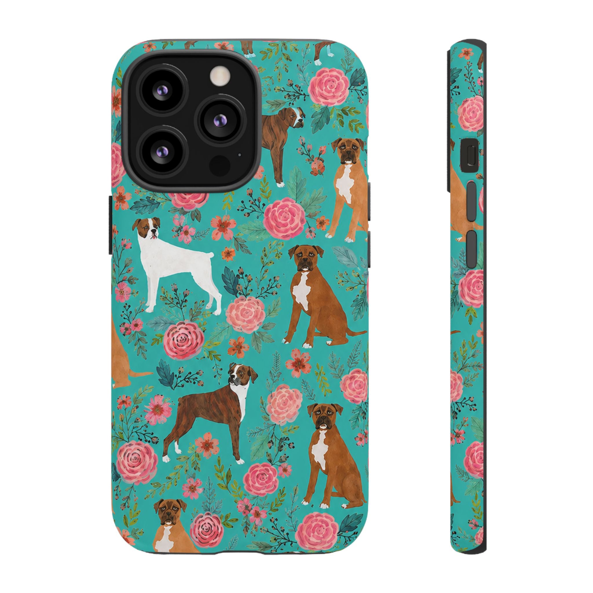 Boxer Dog Floral Phone Case — Teal Patterned Tough Cases