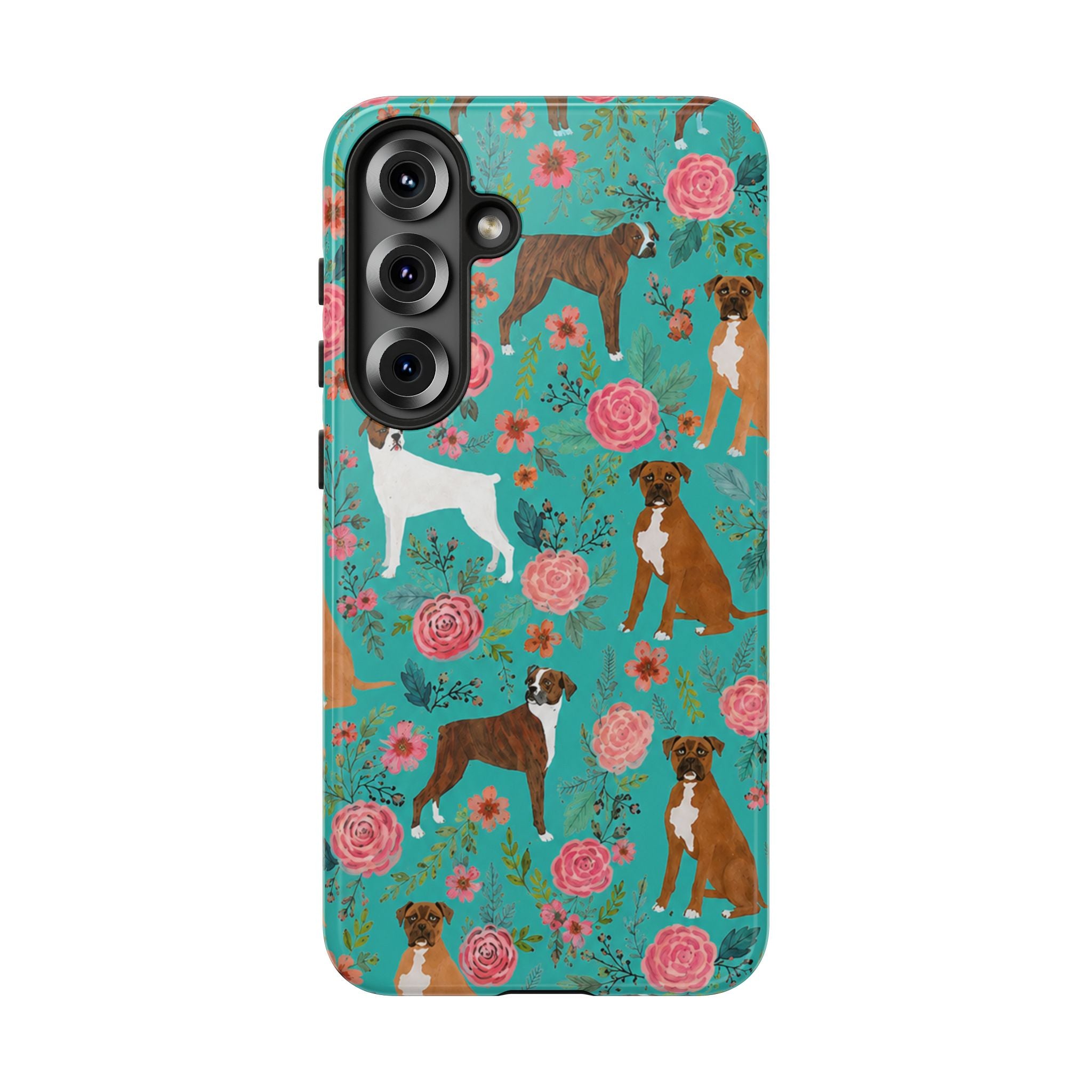 Boxer Dog Floral Phone Case — Teal Patterned Tough Cases