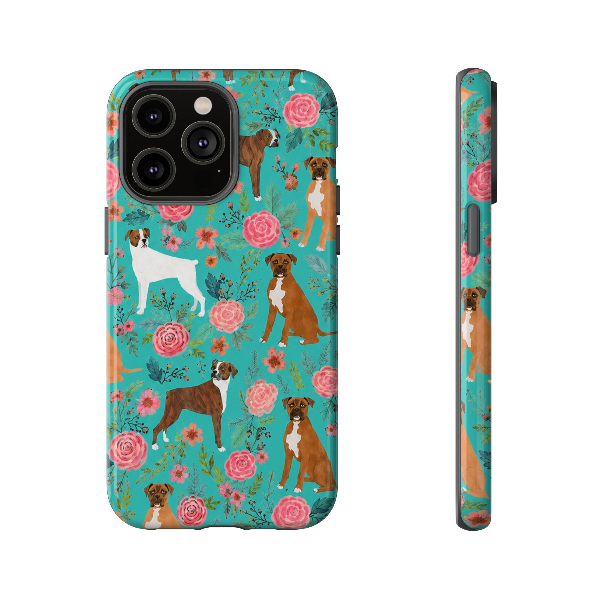 Boxer Dog Floral Phone Case — Teal Patterned Tough Cases