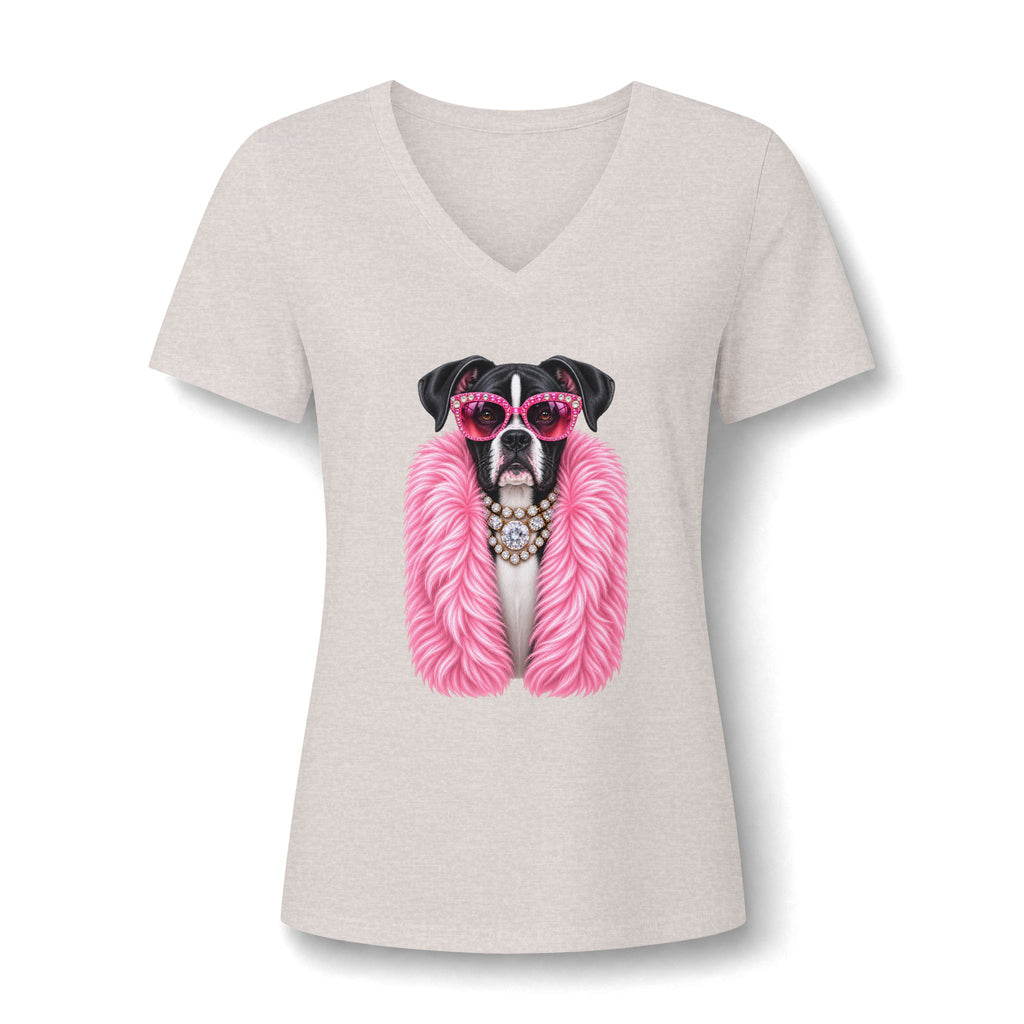 Women's V-Neck Tee — Glam Boxer Dog Graphic (Pink Fur & Sunglasses)