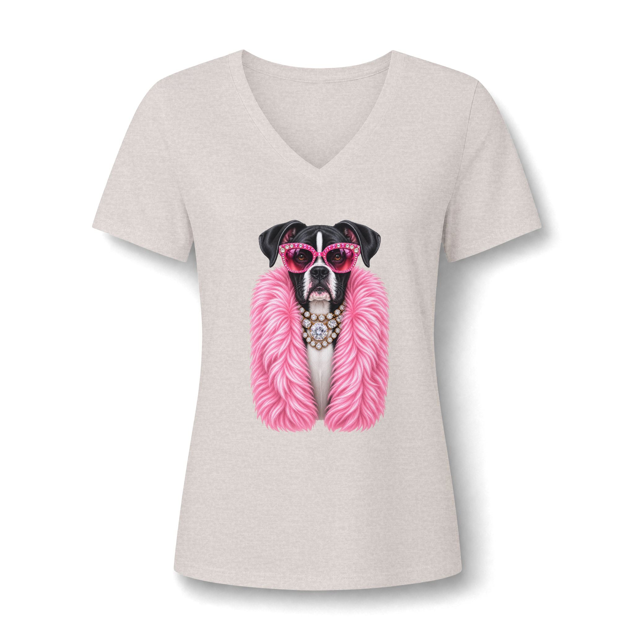 Women's V-Neck Tee — Glam Boxer Dog Graphic (Pink Fur & Sunglasses)
