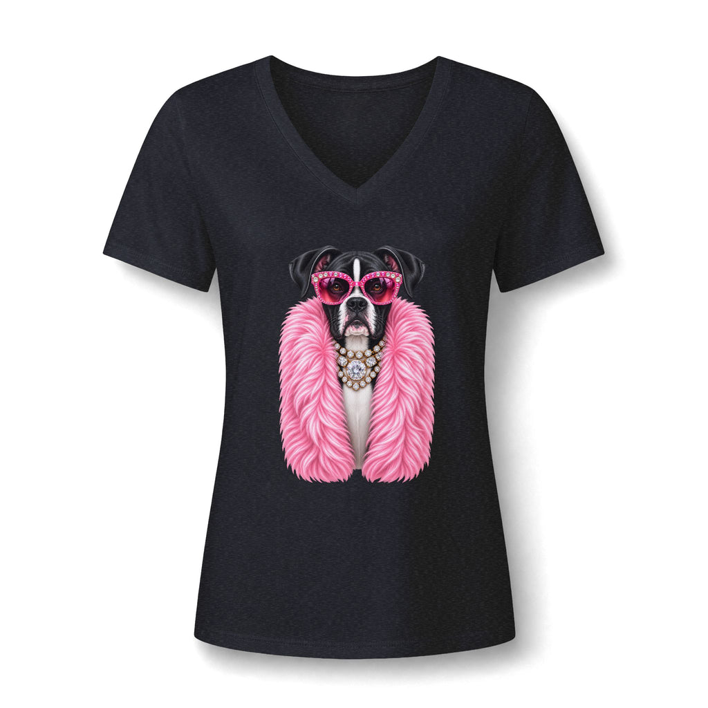 Women's V-Neck Tee — Glam Boxer Dog Graphic (Pink Fur & Sunglasses)