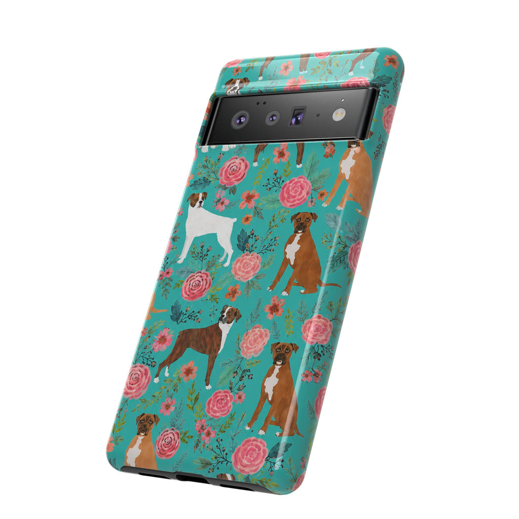 Boxer Dog Floral Phone Case — Teal Patterned Tough Cases