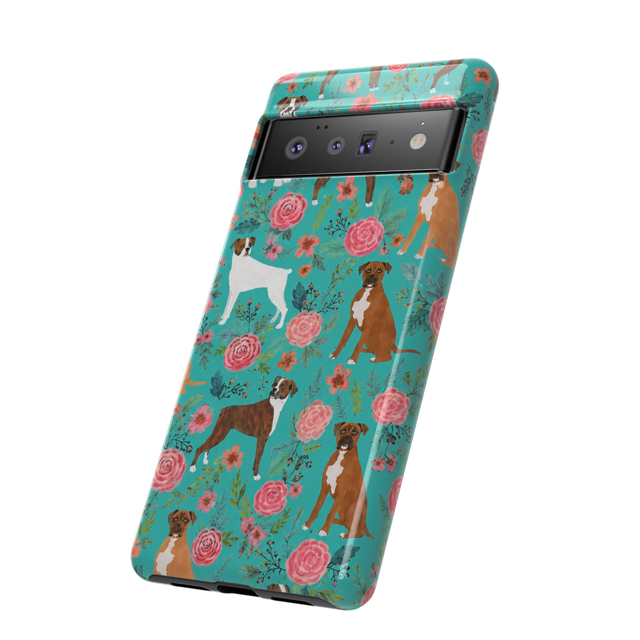 Boxer Dog Floral Phone Case — Teal Patterned Tough Cases