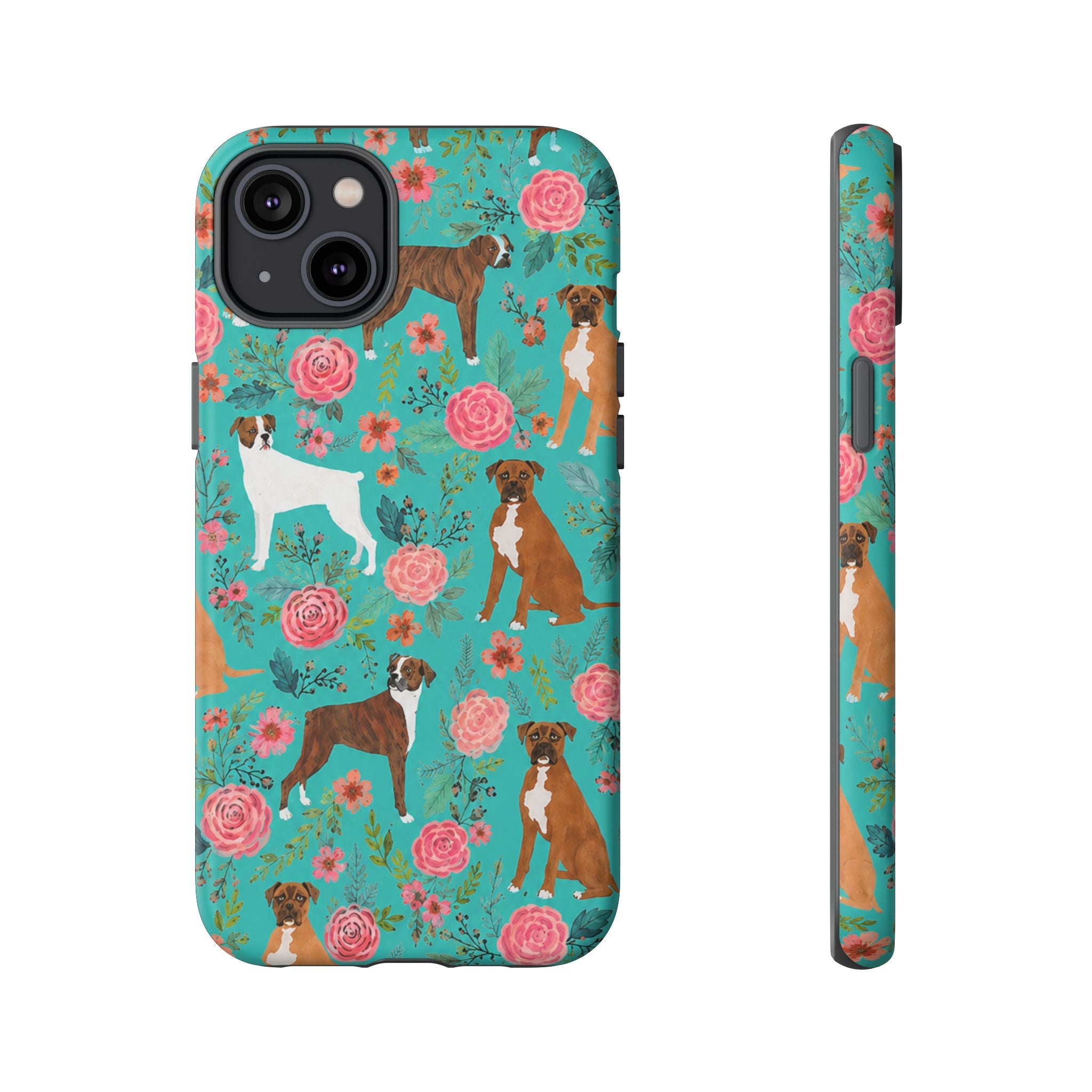 Boxer Dog Floral Phone Case — Teal Patterned Tough Cases