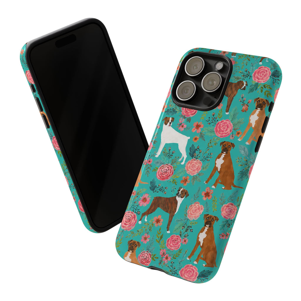 Boxer Dog Floral Phone Case — Teal Patterned Tough Cases