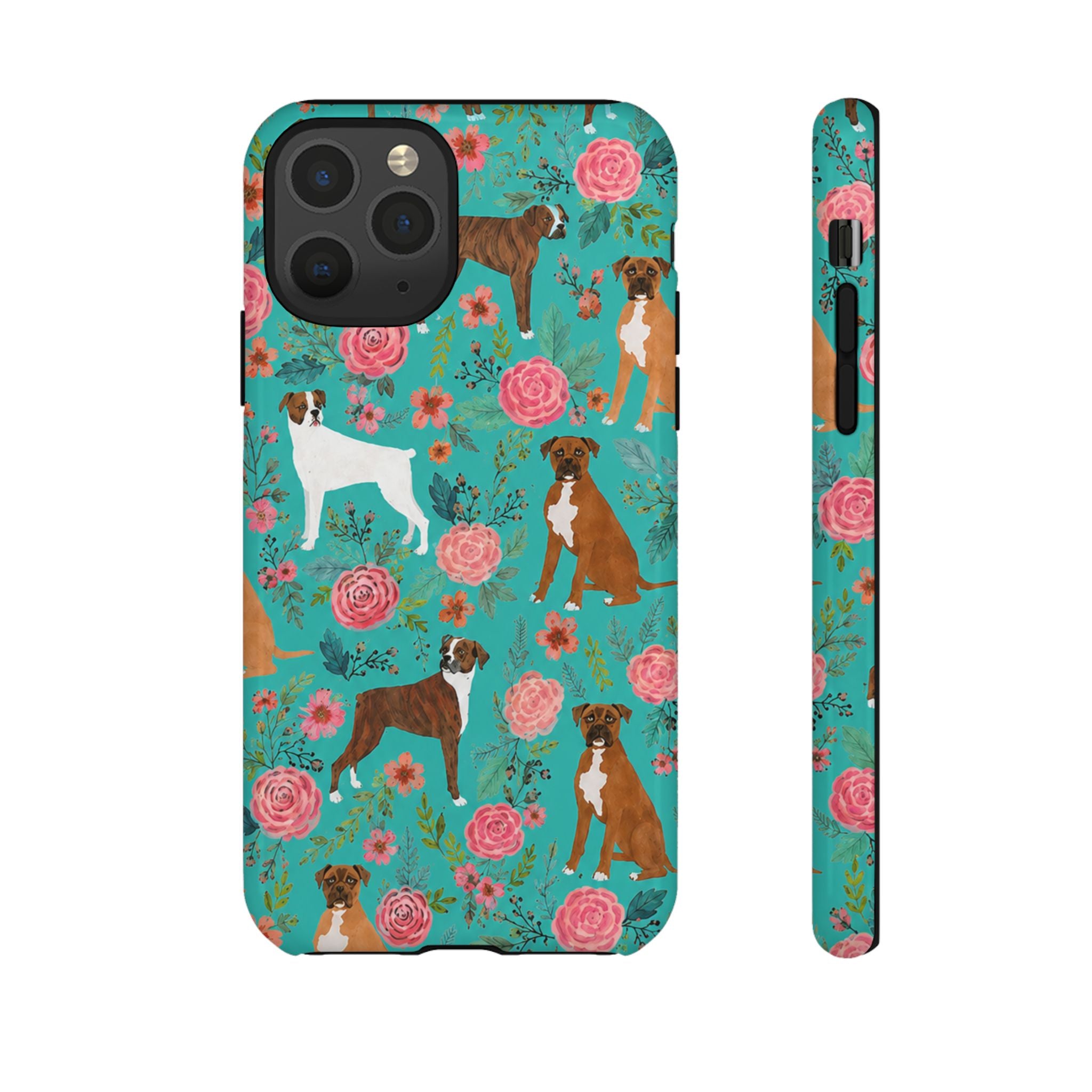 Boxer Dog Floral Phone Case — Teal Patterned Tough Cases