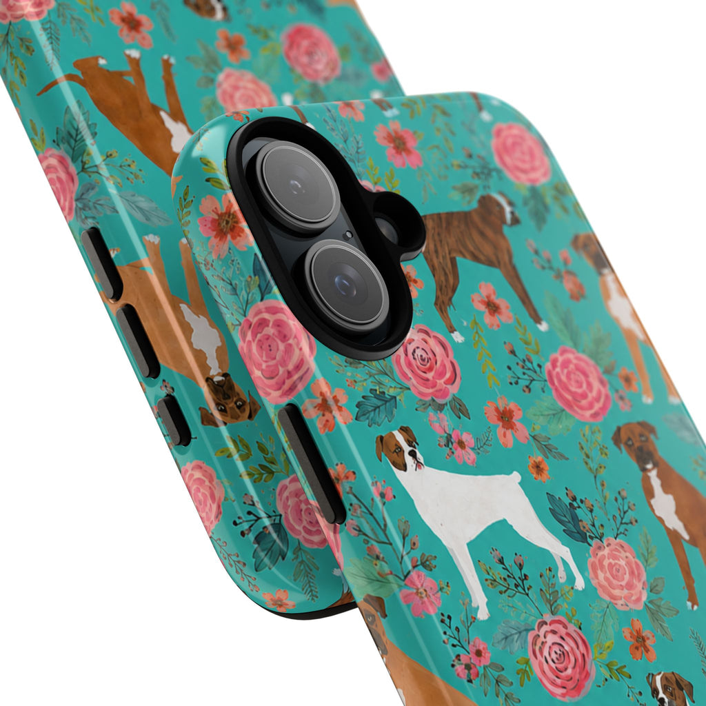 Boxer Dog Floral Phone Case — Teal Patterned Tough Cases