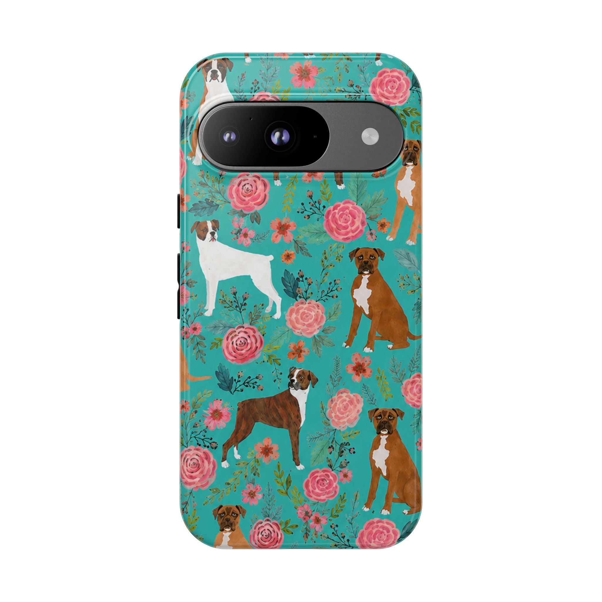 Boxer Dog Floral Phone Case — Teal Patterned Tough Cases