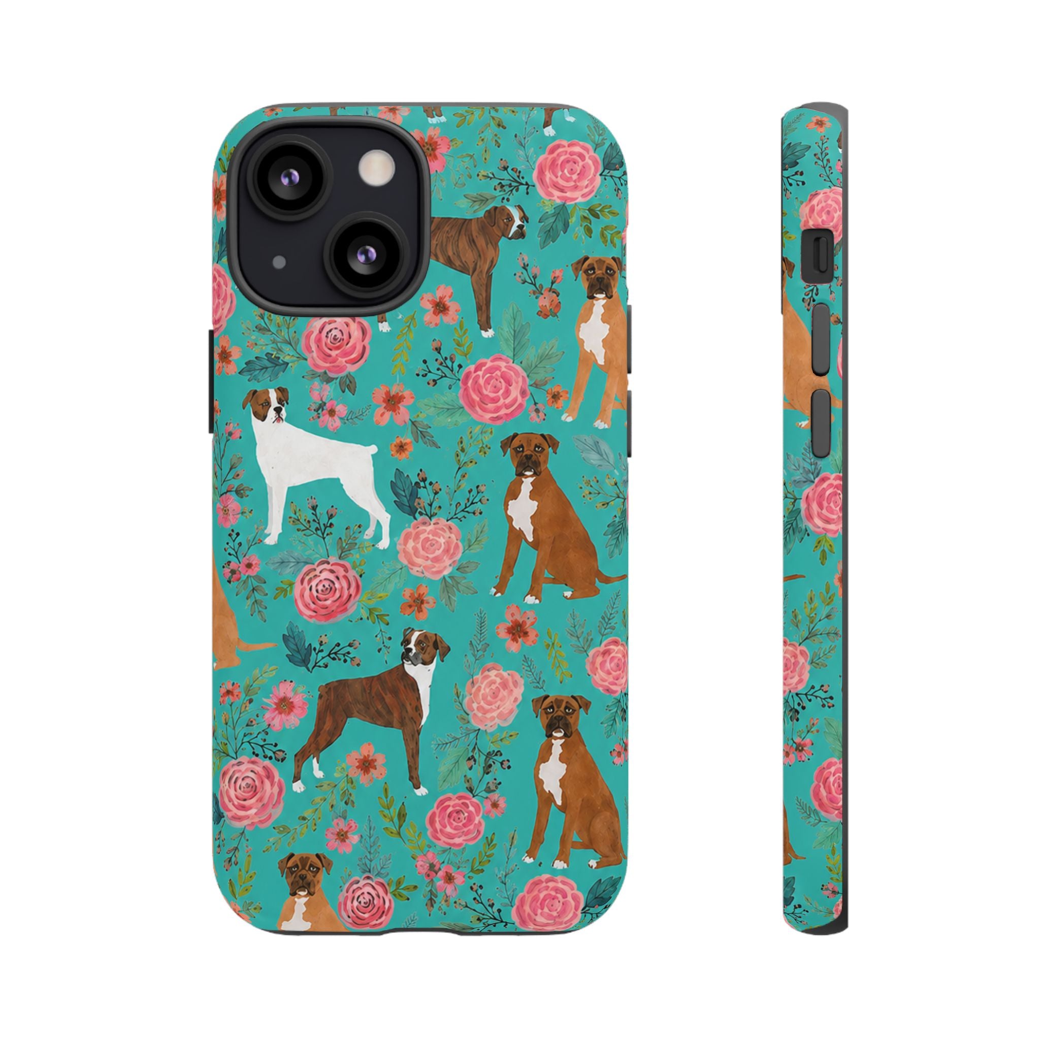 Boxer Dog Floral Phone Case — Teal Patterned Tough Cases