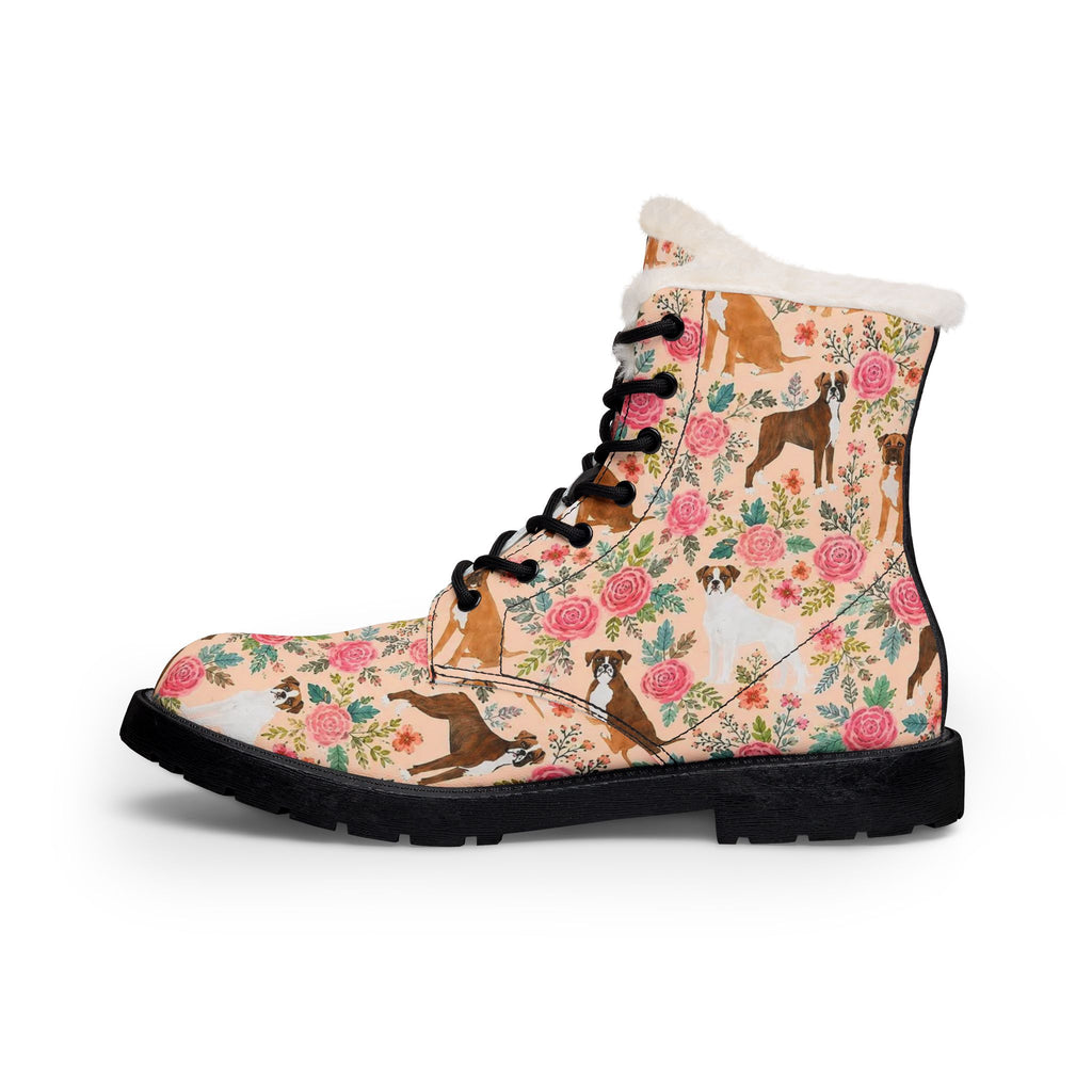 Floral Boxer Dog Fur-Lined Leather Boots — Men's Cozy Winter Combat Style