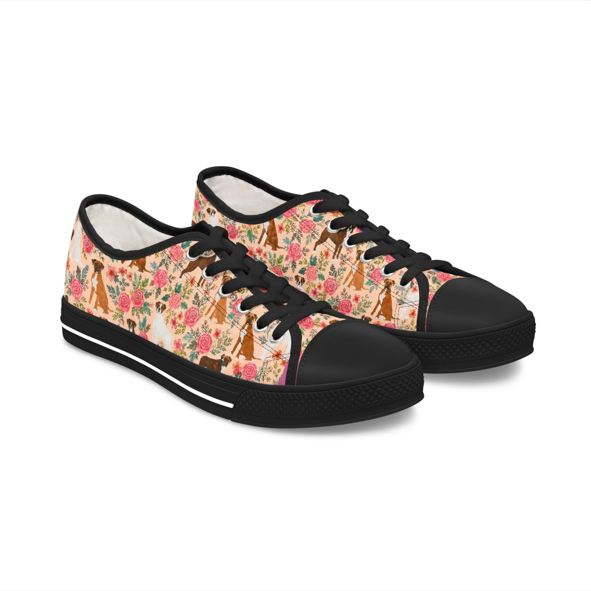 Floral Boxer Dog Pattern Sneakers Women's Low Top Sneakers | Pink Rose Animal Print