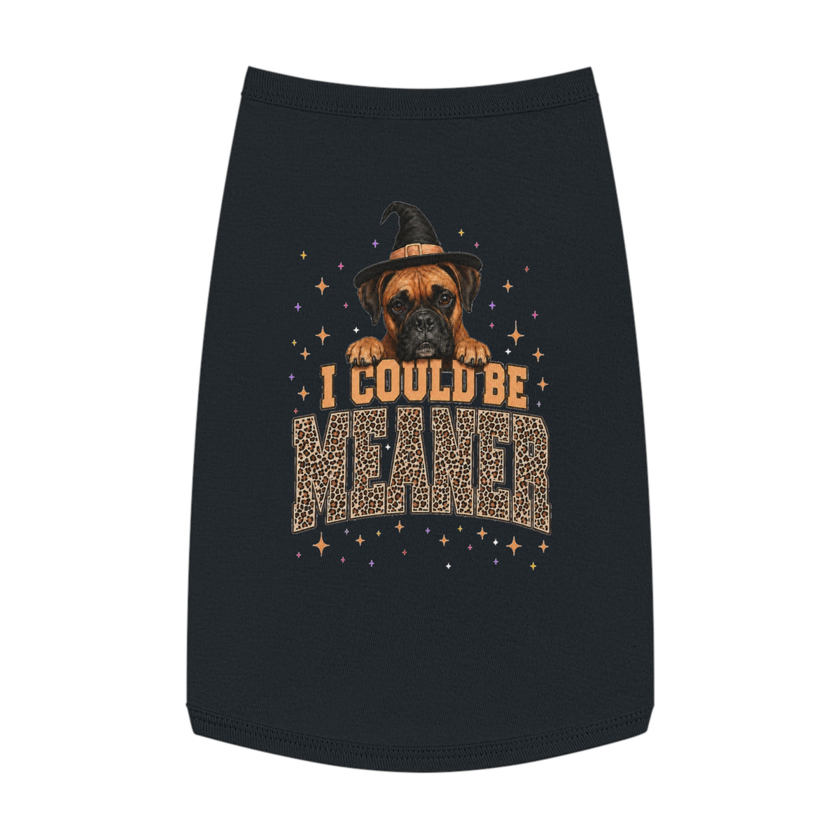 Halloween Dog Tank Top — “I Could Be Mean” Witch Hat & Leopard Print