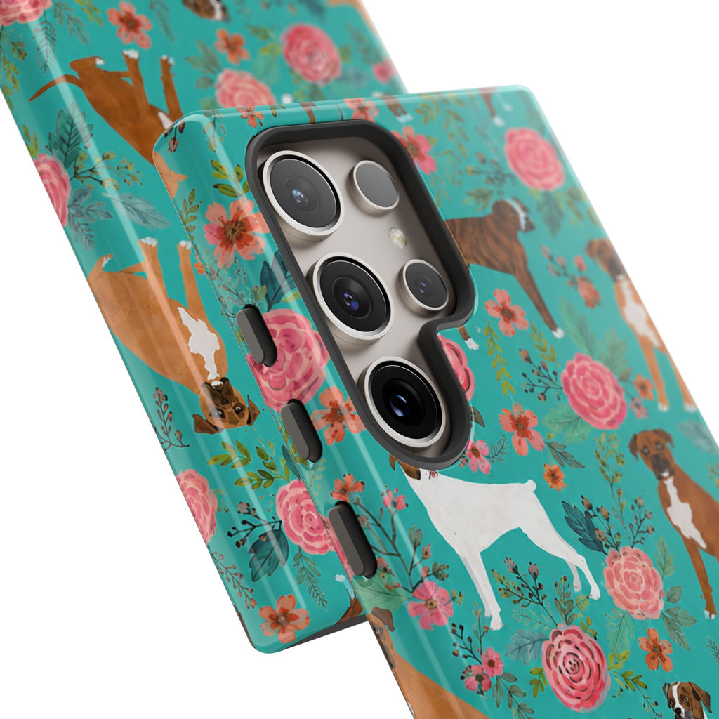 Boxer Dog Floral Phone Case — Teal Patterned Tough Cases