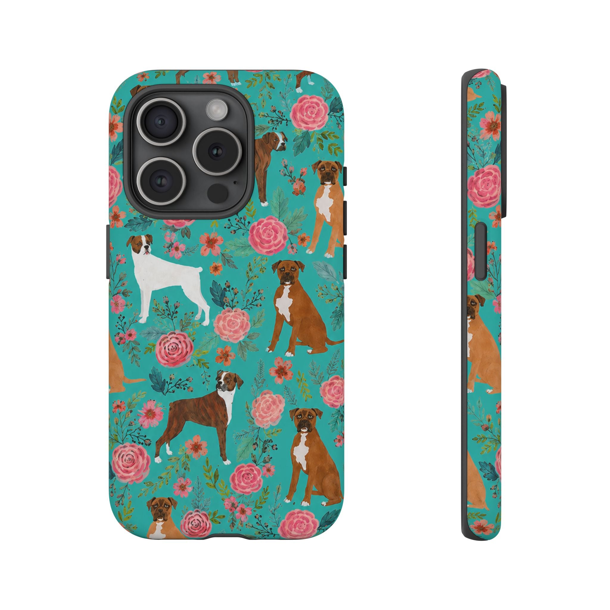 Boxer Dog Floral Phone Case — Teal Patterned Tough Cases