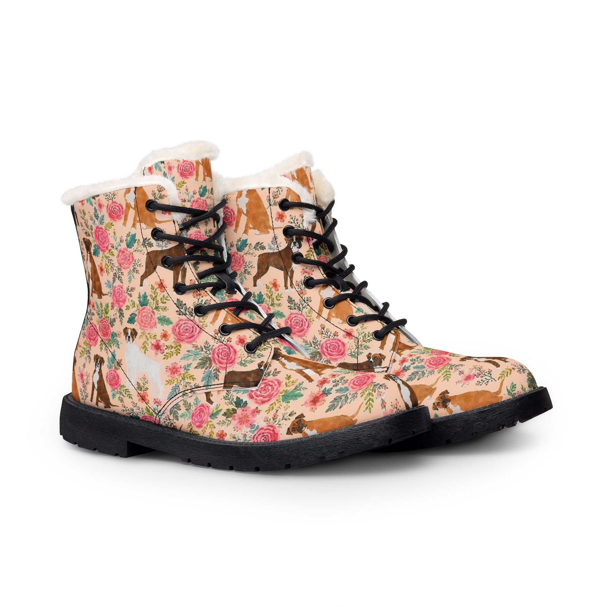 Floral Boxer Dog Fur-Lined Leather Boots — Men's Cozy Winter Combat Style
