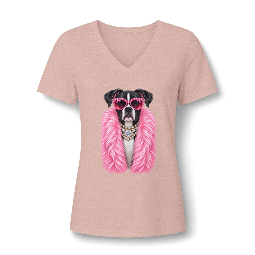 Women's V-Neck Tee — Glam Boxer Dog Graphic (Pink Fur & Sunglasses)