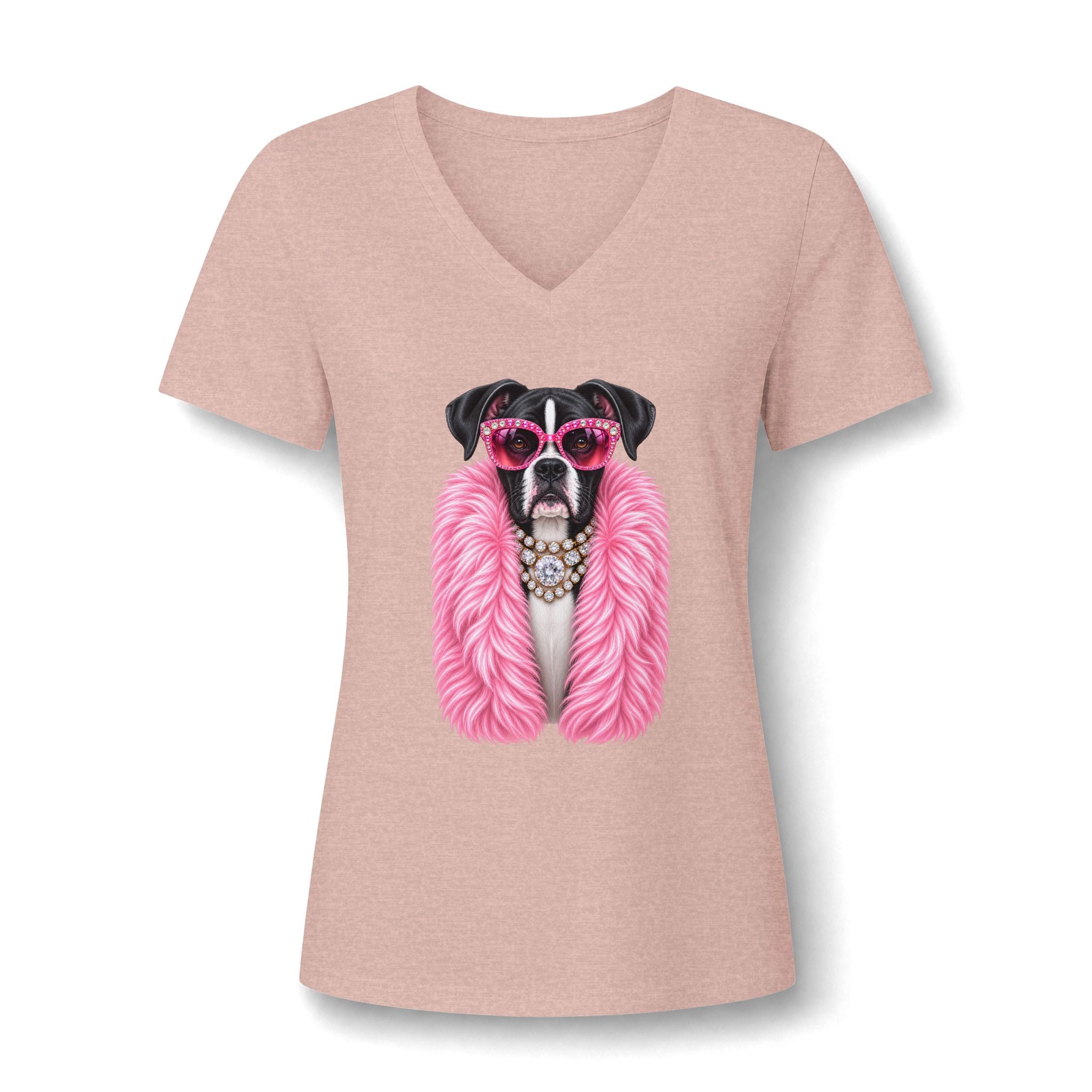 Women's V-Neck Tee — Glam Boxer Dog Graphic (Pink Fur & Sunglasses)