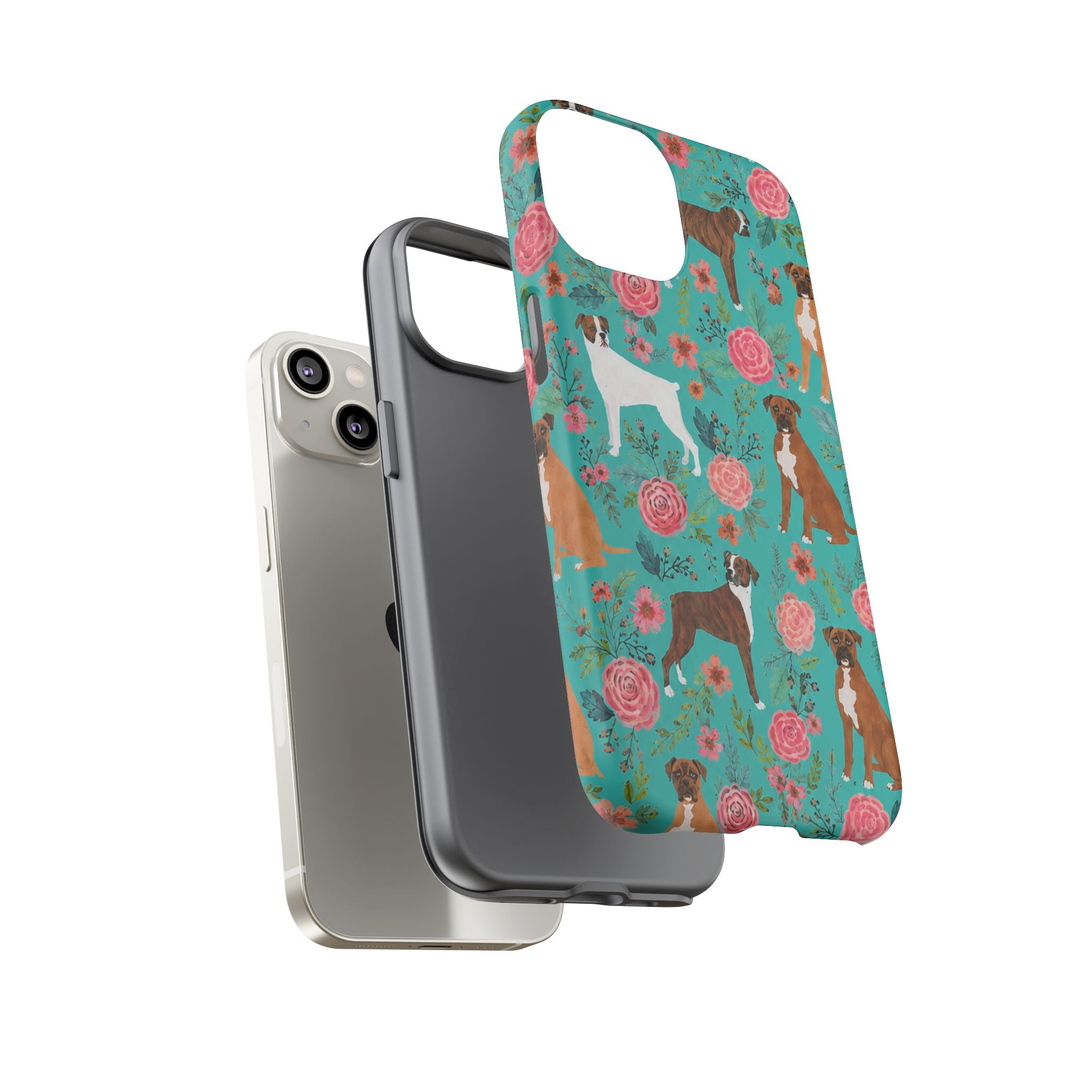 Boxer Dog Floral Phone Case — Teal Patterned Tough Cases