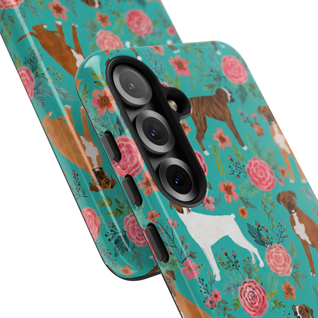 Boxer Dog Floral Phone Case — Teal Patterned Tough Cases