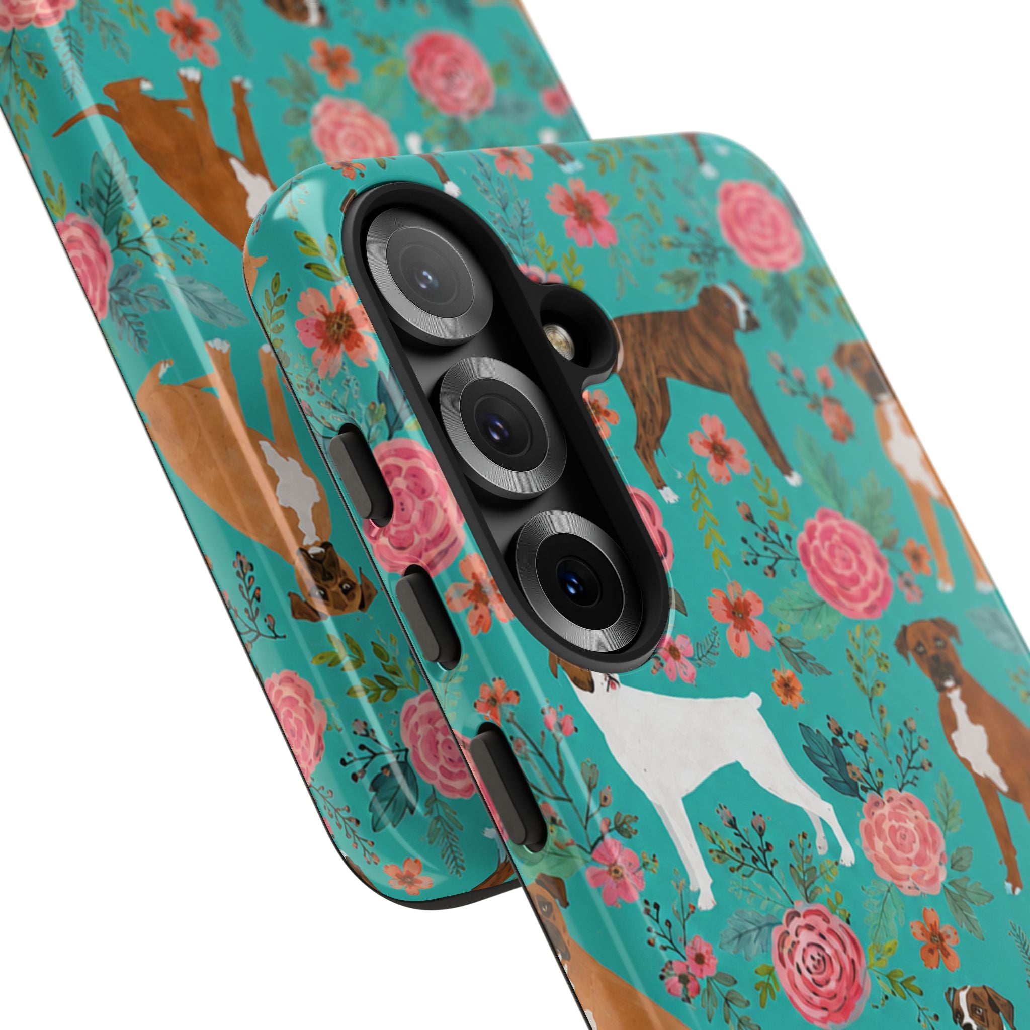 Boxer Dog Floral Phone Case — Teal Patterned Tough Cases